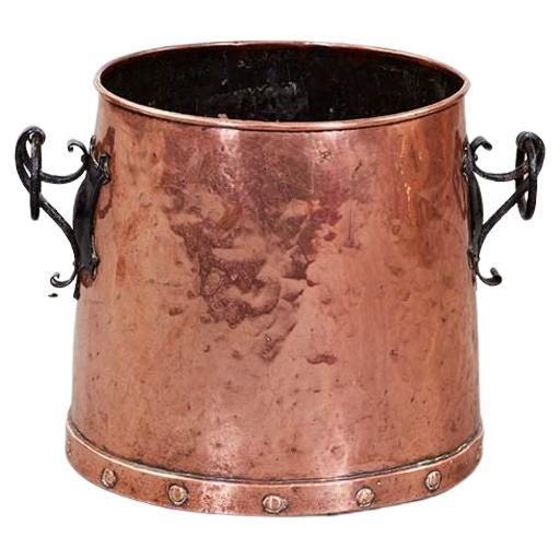 Copper Kindling Bucket with Blackened Iron Handles For Sale