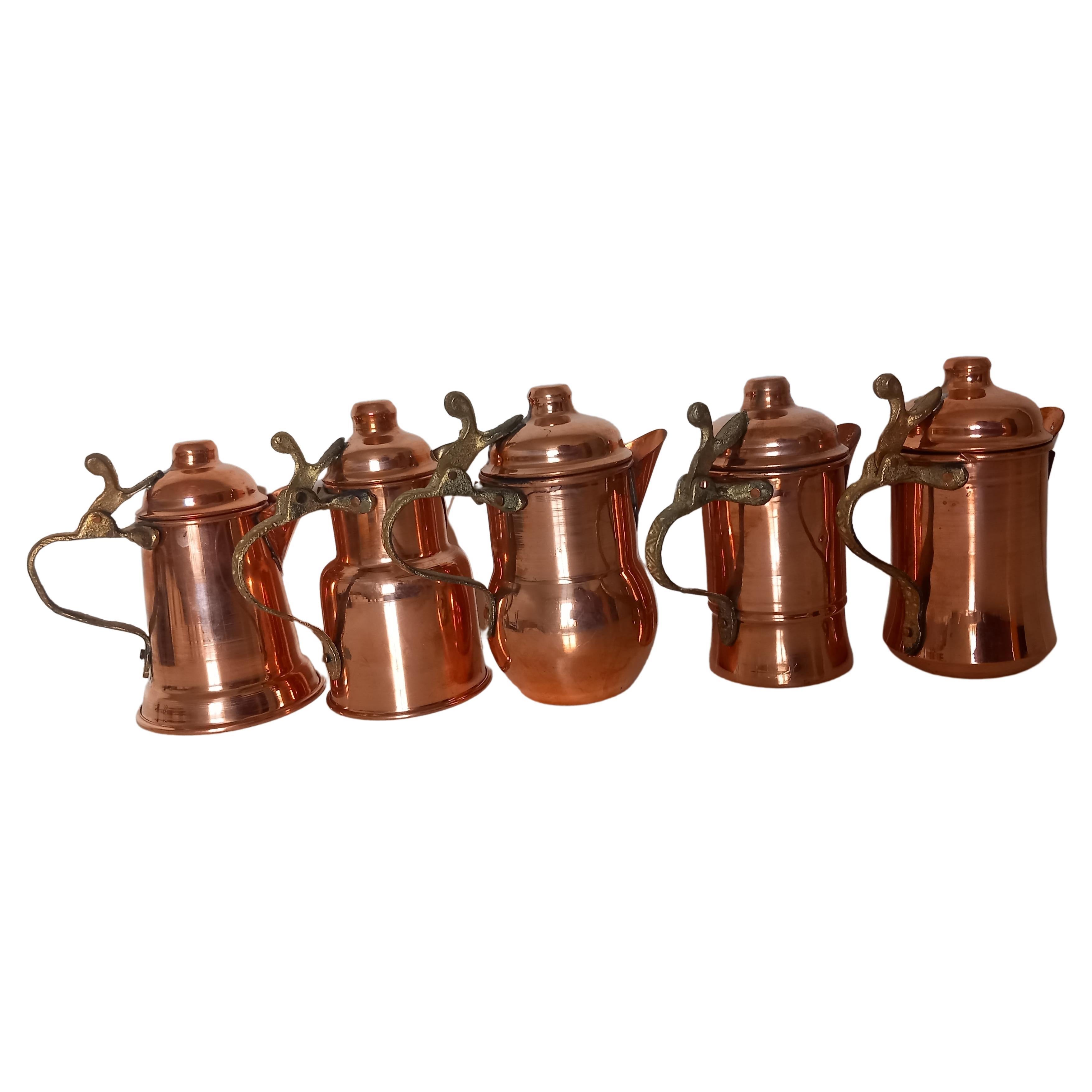 Italian  Copper Kitchen Decoration Vintage Coffee Pots Lot of 5 Diferent Design For Sale