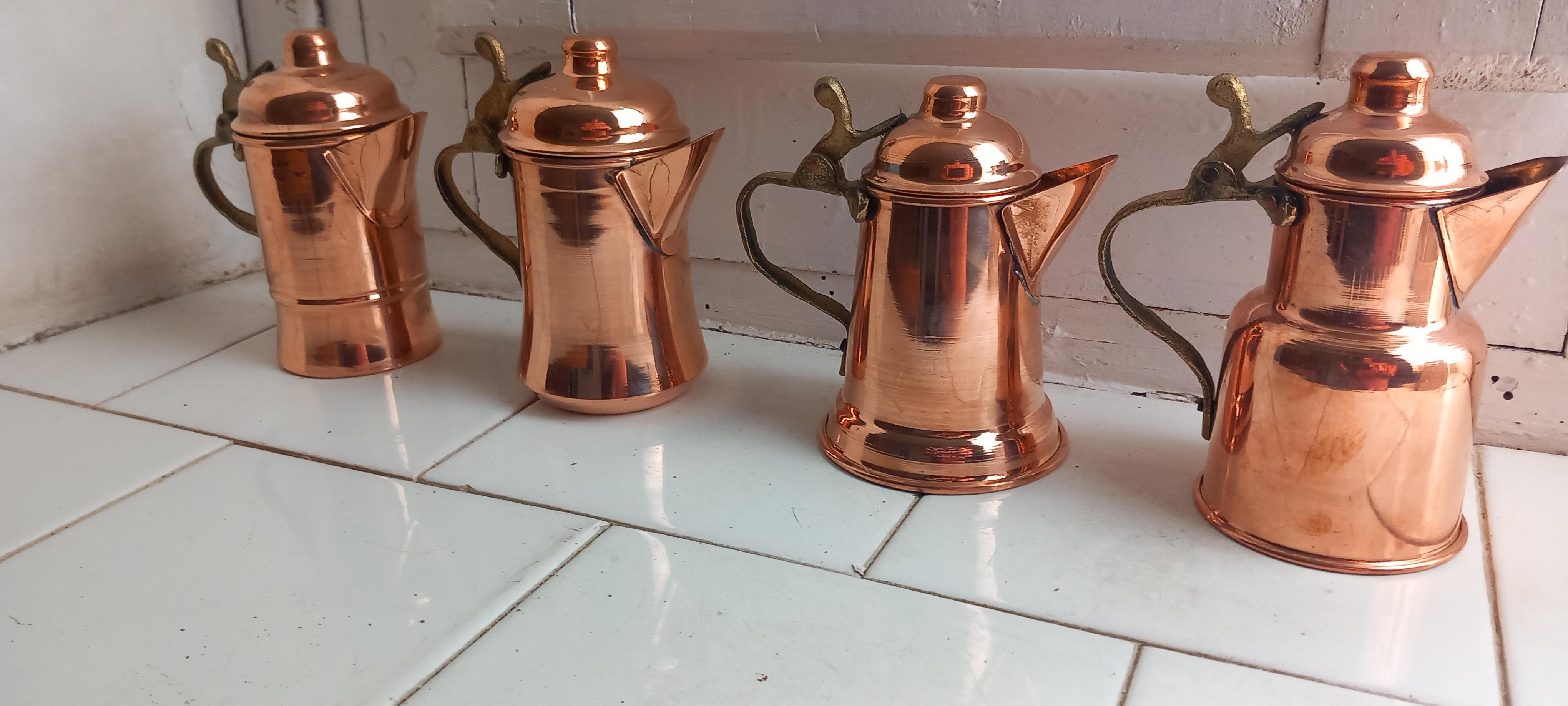  Copper Kitchen Decoration Vintage Coffee Pots For Rustic  Lot of Four Diferent For Sale 6