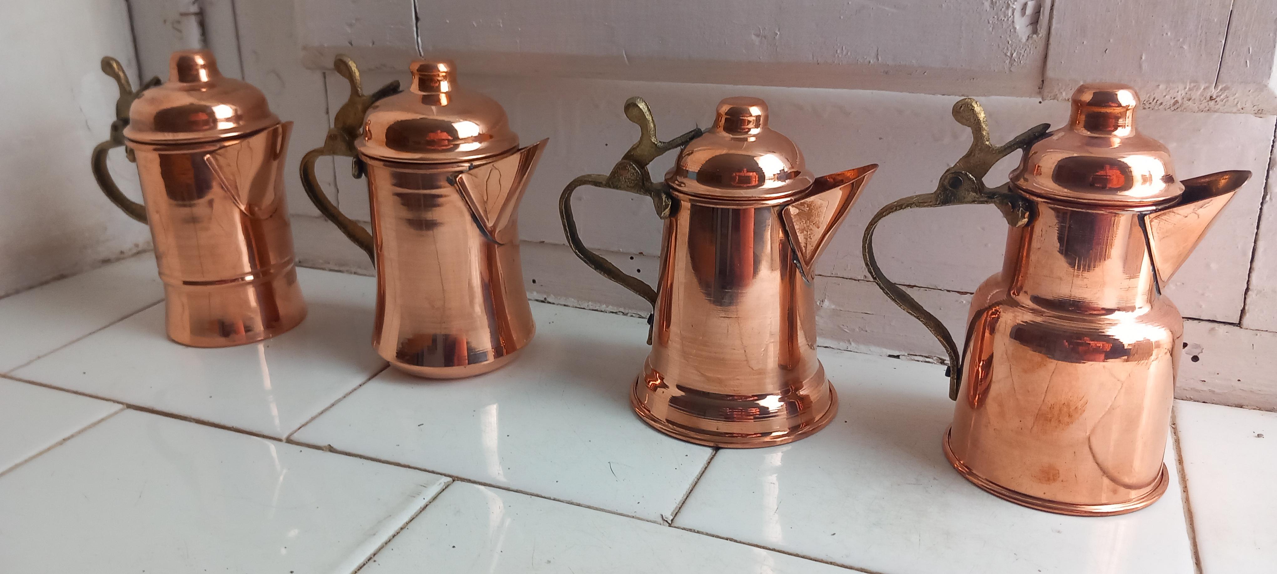  Copper Kitchen Decoration Vintage Coffee Pots For Rustic  Lot of Four Diferent For Sale 7