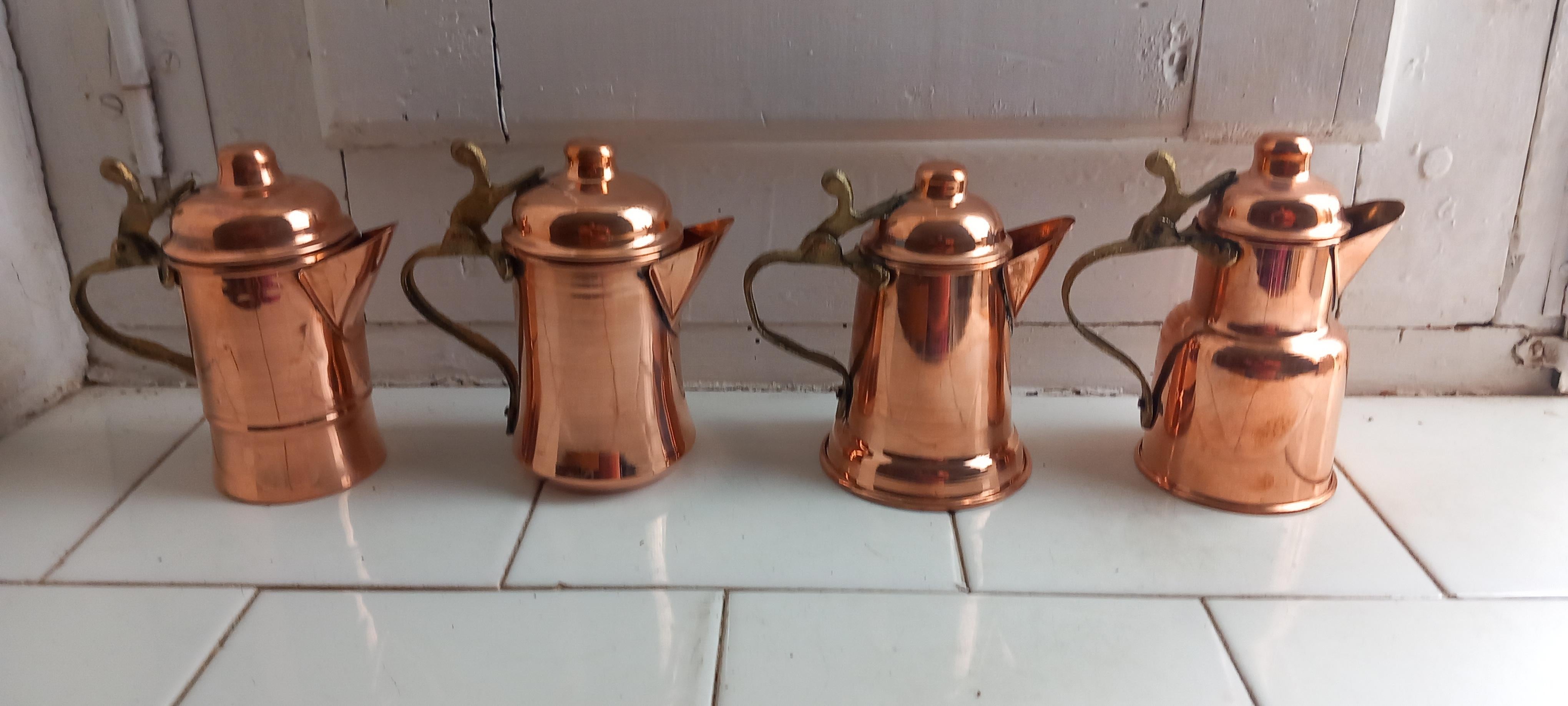  Copper Kitchen Decoration Vintage Coffee Pots For Rustic  Lot of Four Diferent For Sale 8