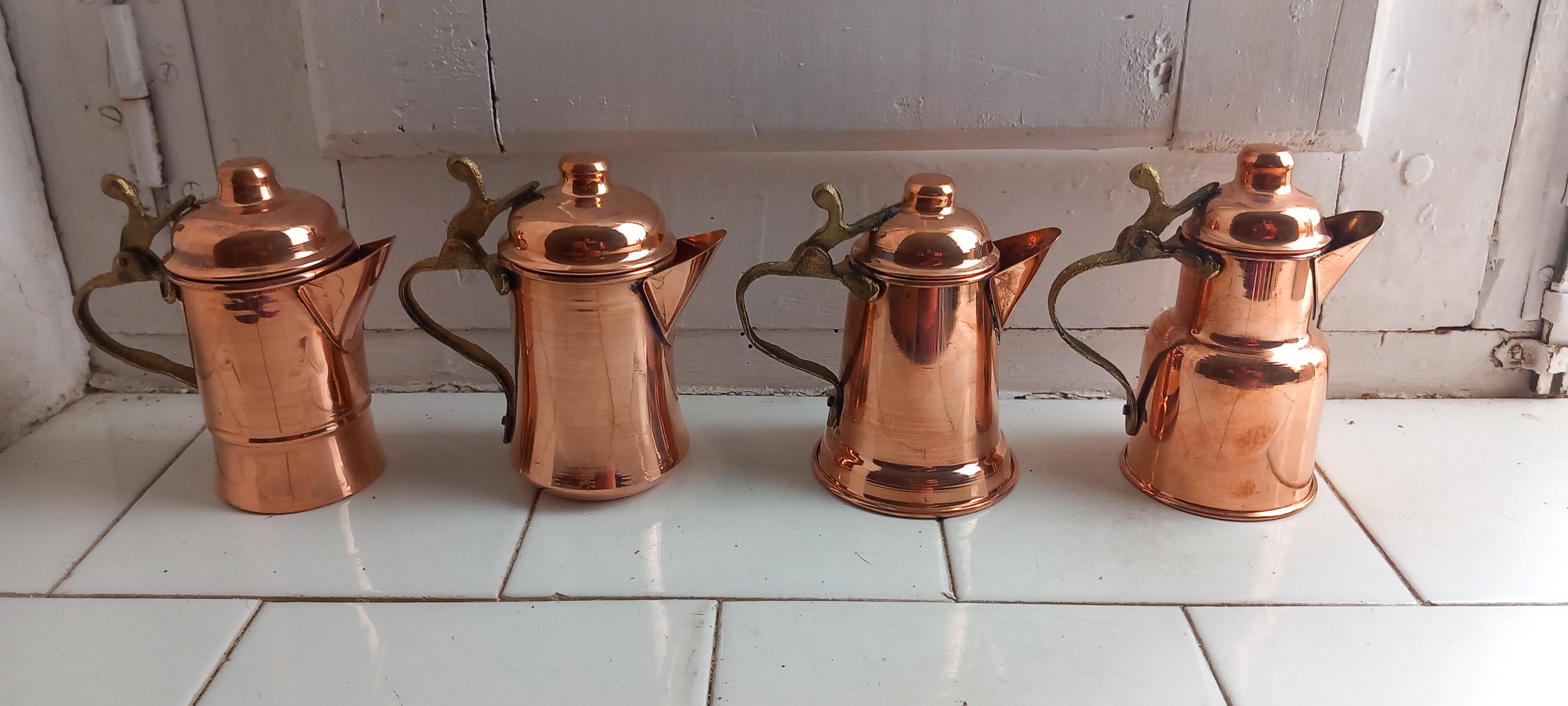  Copper Kitchen Decoration Vintage Coffee Pots For Rustic  Lot of Four Diferent For Sale 9