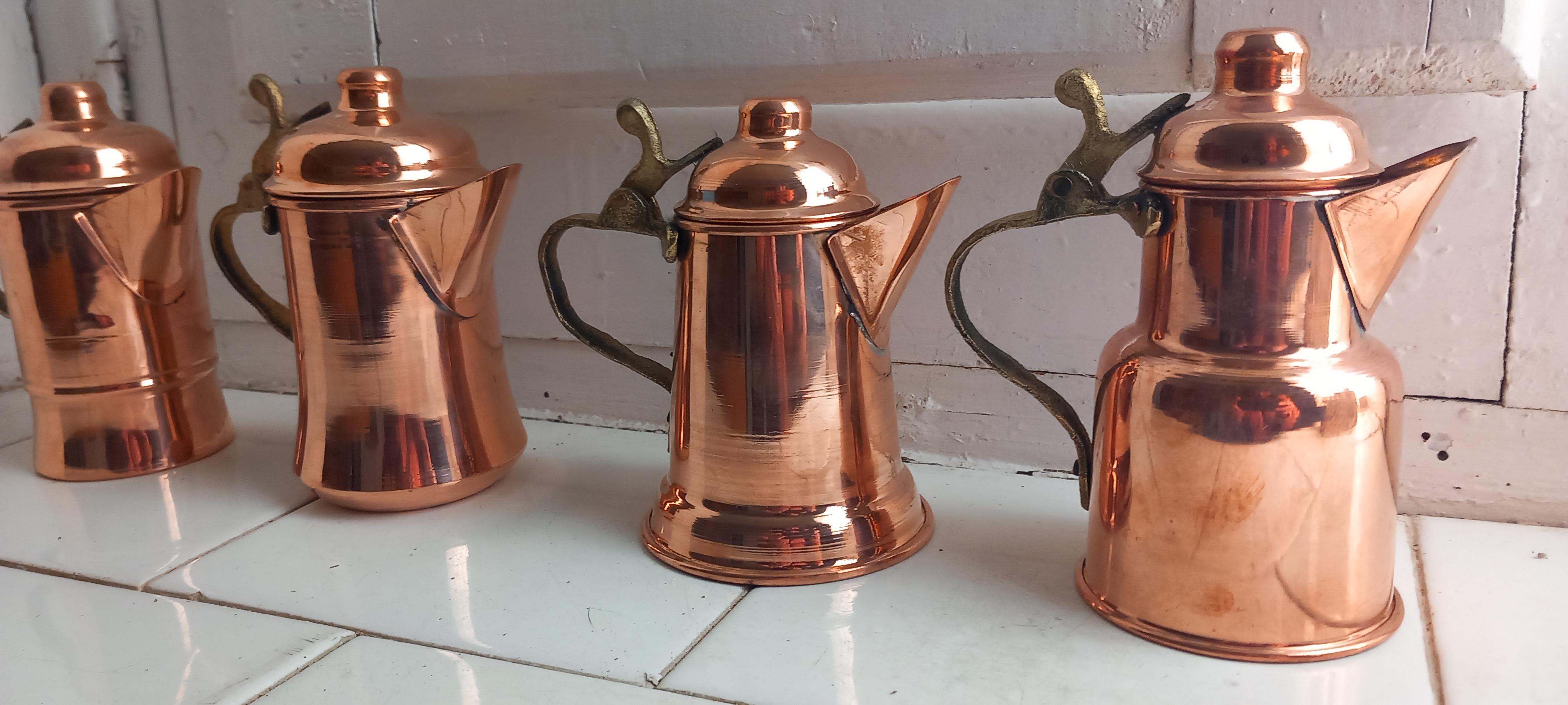  Copper Kitchen Decoration Vintage Coffee Pots For Rustic  Lot of Four Diferent For Sale 2