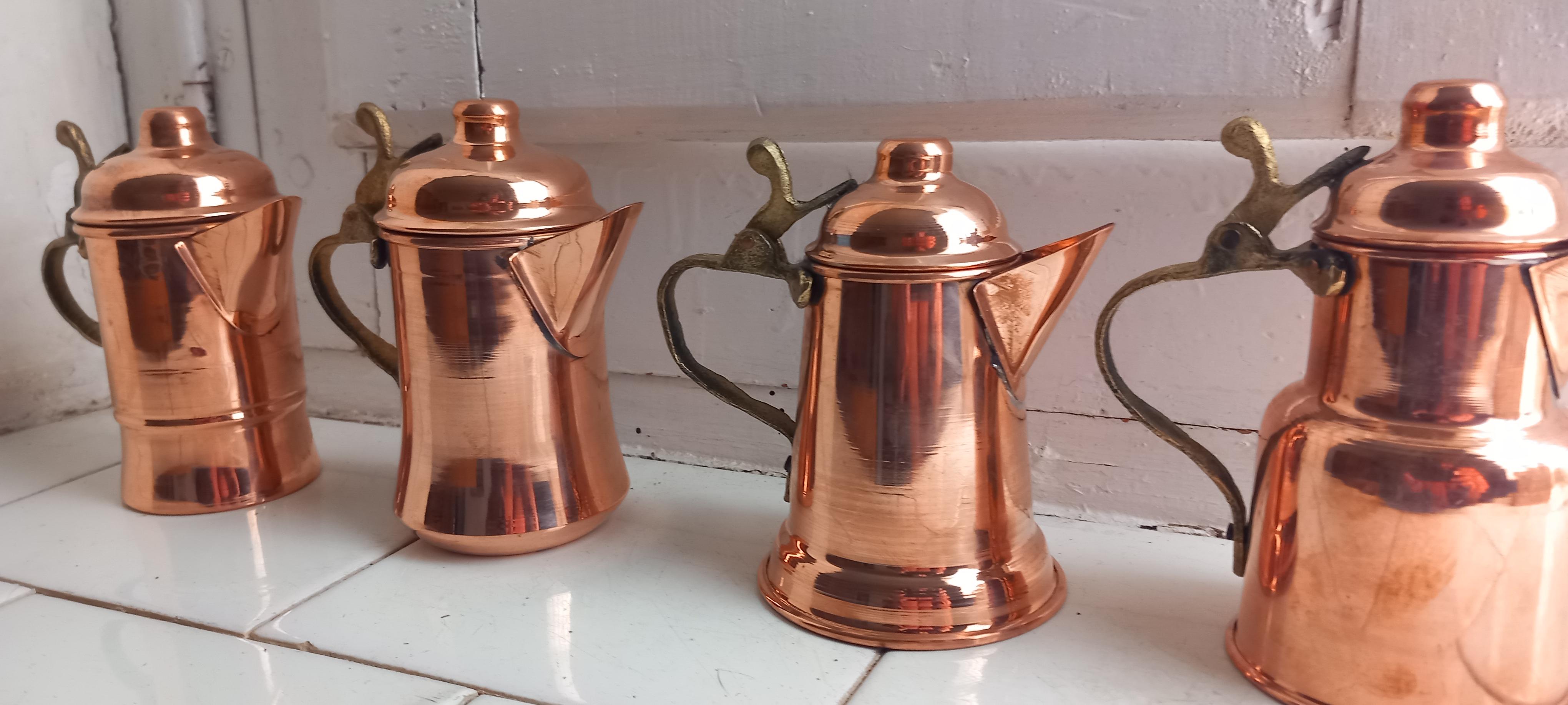  Copper Kitchen Decoration Vintage Coffee Pots For Rustic  Lot of Four Diferent For Sale 4