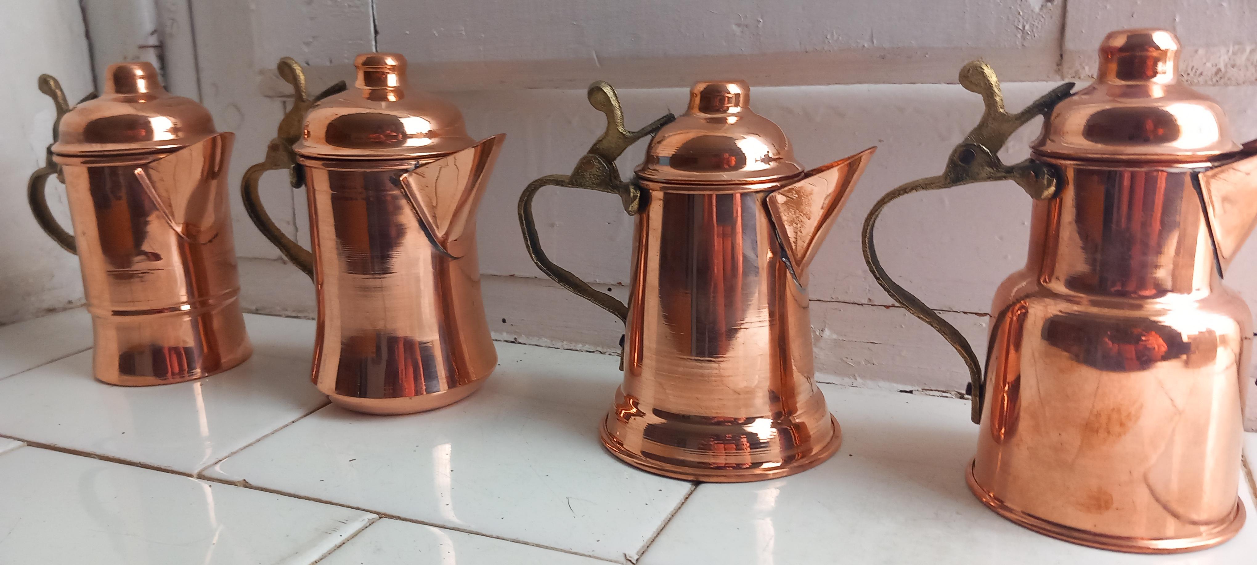  Copper Kitchen Decoration Vintage Coffee Pots For Rustic  Lot of Four Diferent For Sale 5
