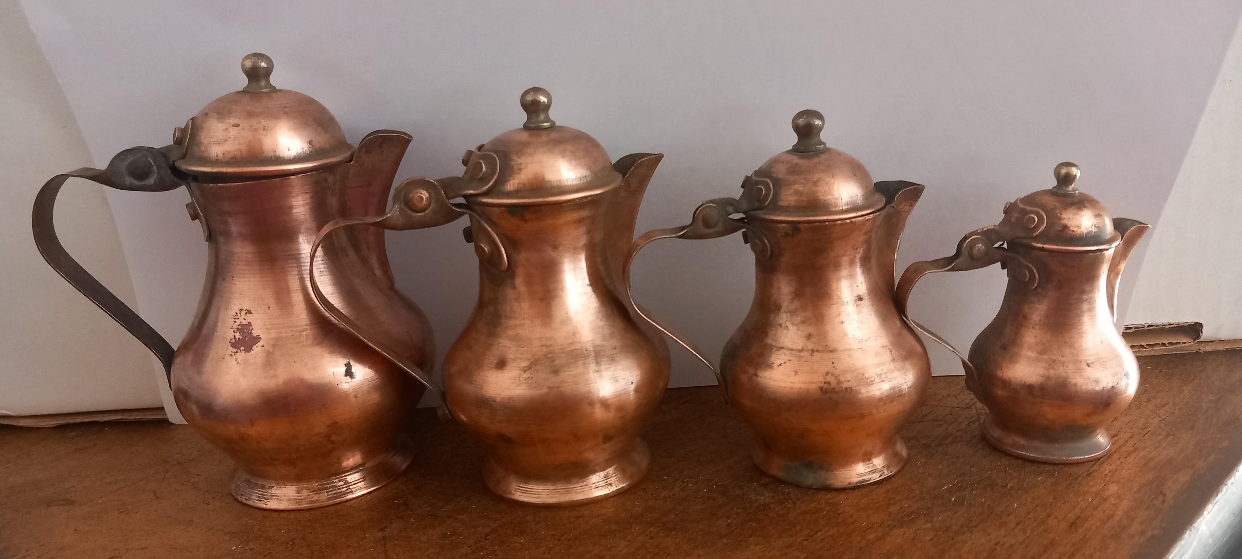 Italian  Copper Kitchen Decoration Vintage Coffee Pots  Smalls For Rustic  Lot of four For Sale