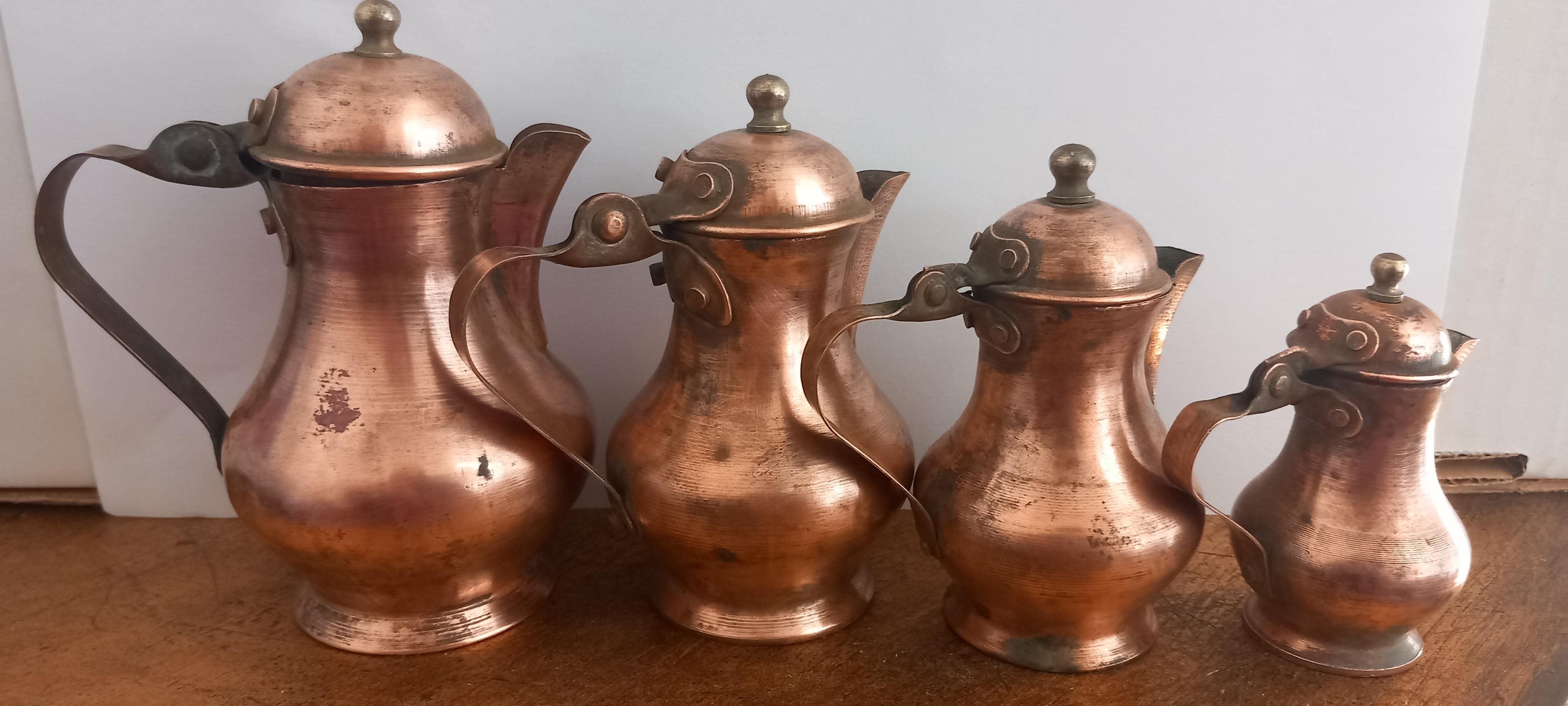  Copper Kitchen Decoration Vintage Coffee Pots  Smalls For Rustic  Lot of four For Sale 3