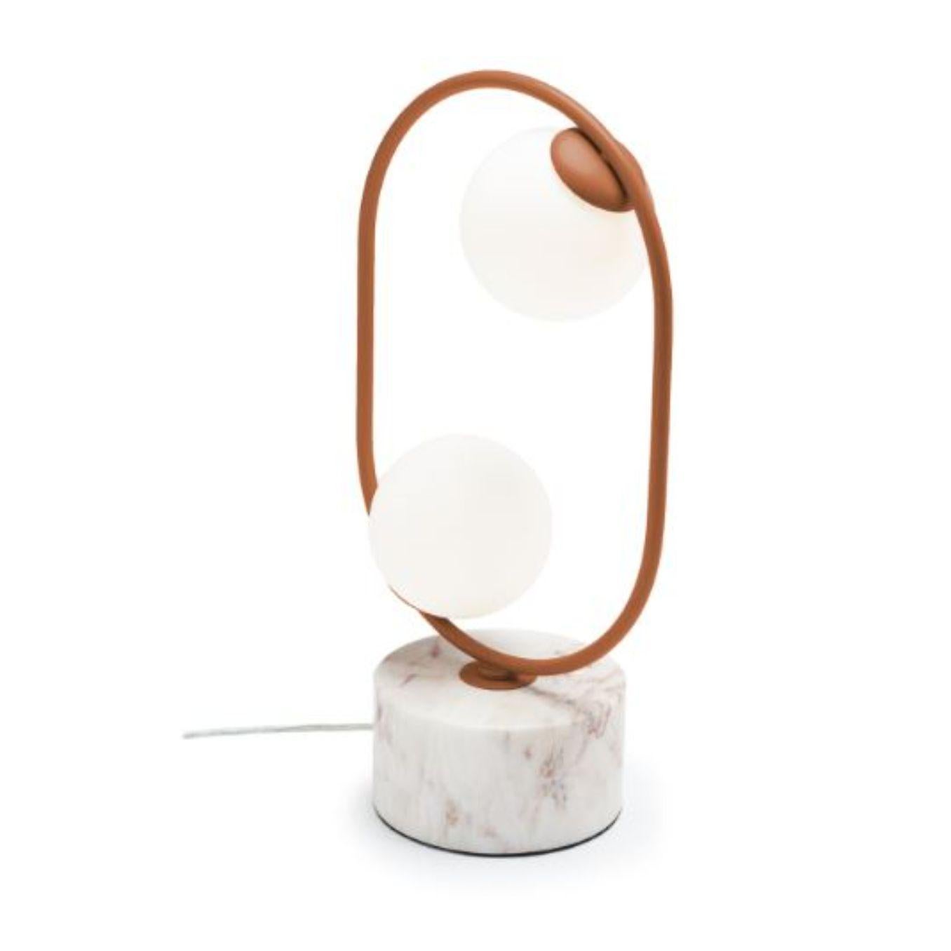 Copper loop table I lamp with marble base by Dooq
Dimensions: W 30 x D 15 x H 50 cm
Materials: lacquered metal, polished or brushed metal, copper, marble. 
Also available in different colours and materials.

Information:
230V/50Hz
2 x max.
