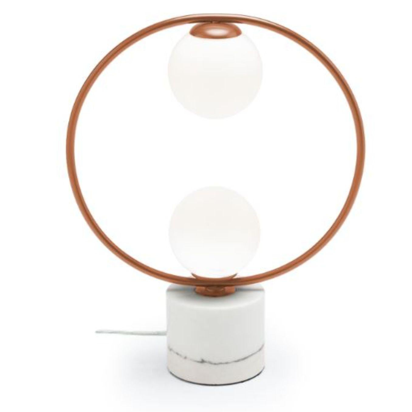 Copper Loop table II lamp with Marble Base by Dooq
Dimensions: W 43 x D 15 x H 53 cm
Materials: lacquered metal, polished or brushed metal, copper, marble.
Also available in different colors and materials. 

Information:
230V/50Hz
2 x max. G9
4W