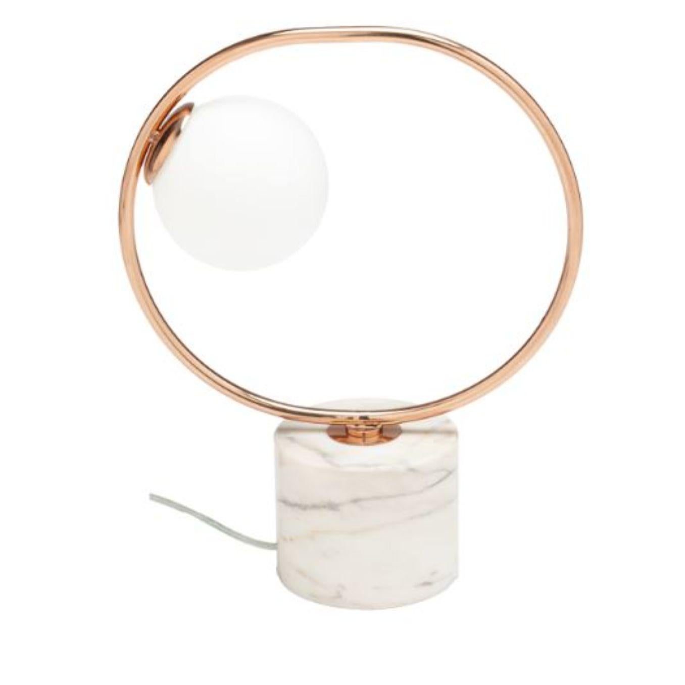 Copper loop table lamp with marble base by Dooq
Dimensions: W 36 x D 15 x H 38 cm
Materials: lacquered metal, polished or brushed metal, copper. 
Also available in different colours and materials.

Information:
230V/50Hz
1 x max. G9
4W