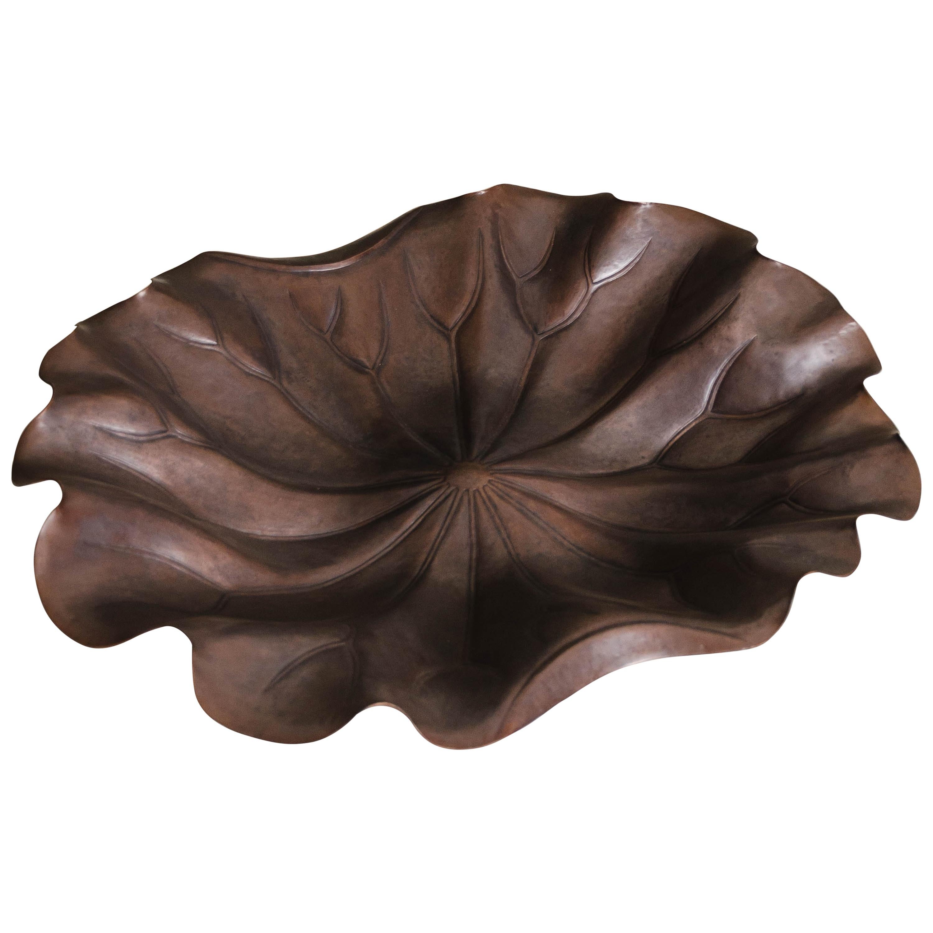 Copper Lotus Leaf Plate by Robert Kuo, Hand Repoussé, Limited Edition For Sale