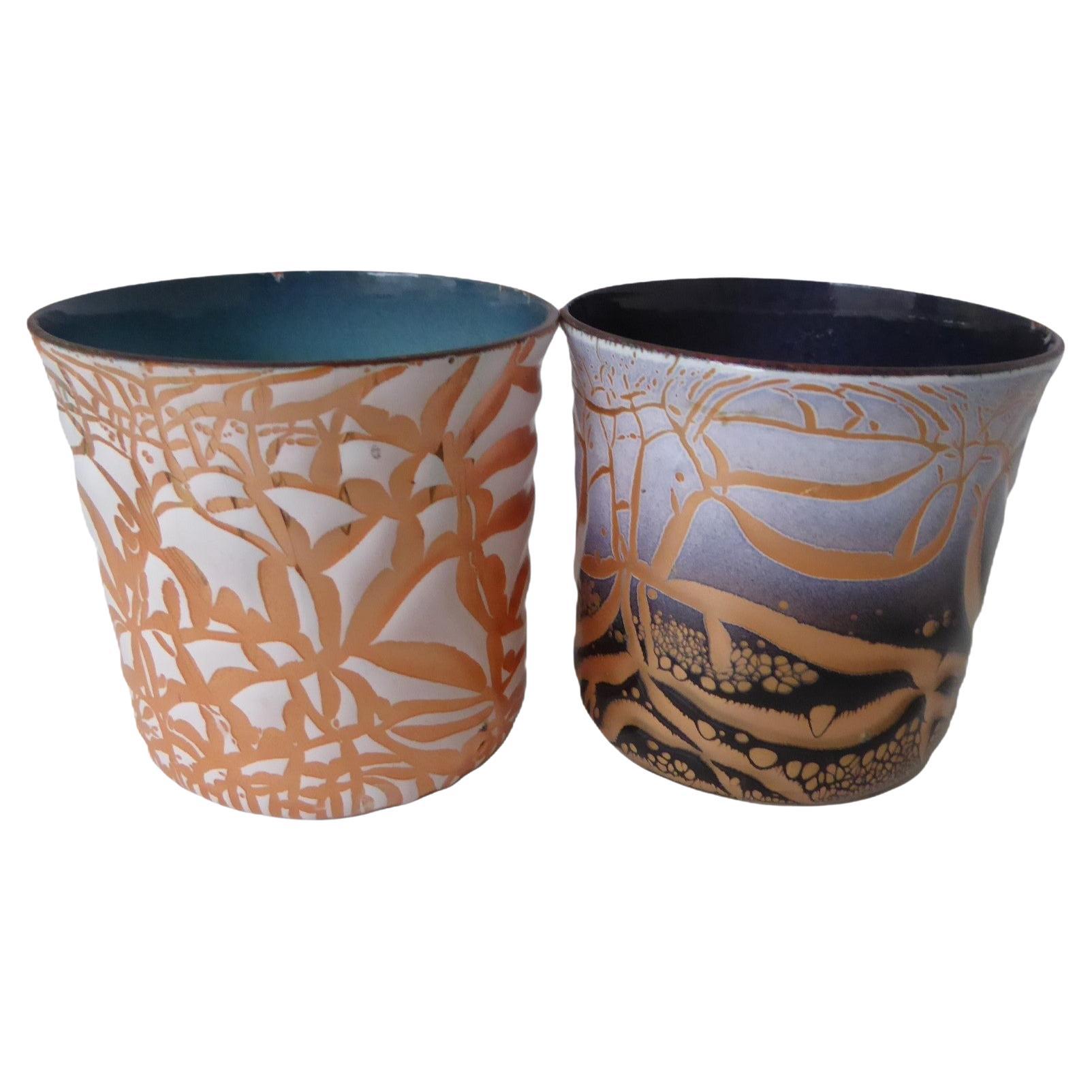 Copper Metal Enamel Modern Vessels Abstract Design by Harold Tishler 1950s