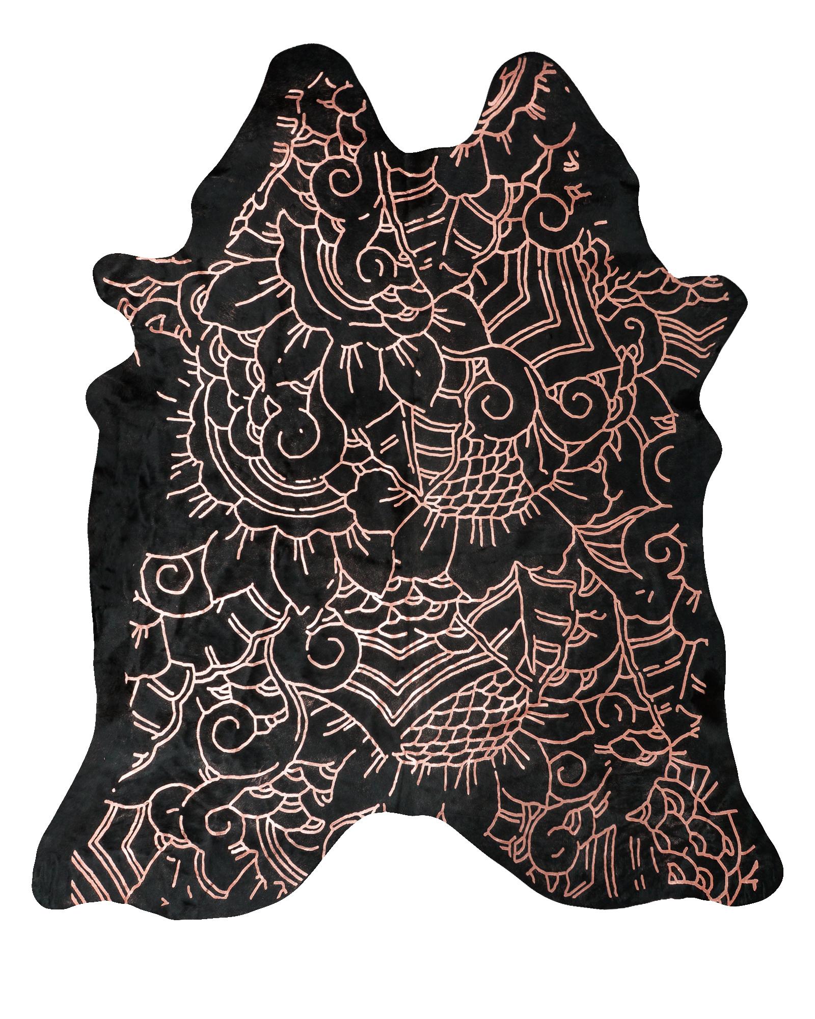 Art Deco Copper Metallic Boho Batik Pattern Black Cowhide Rug, Large For Sale