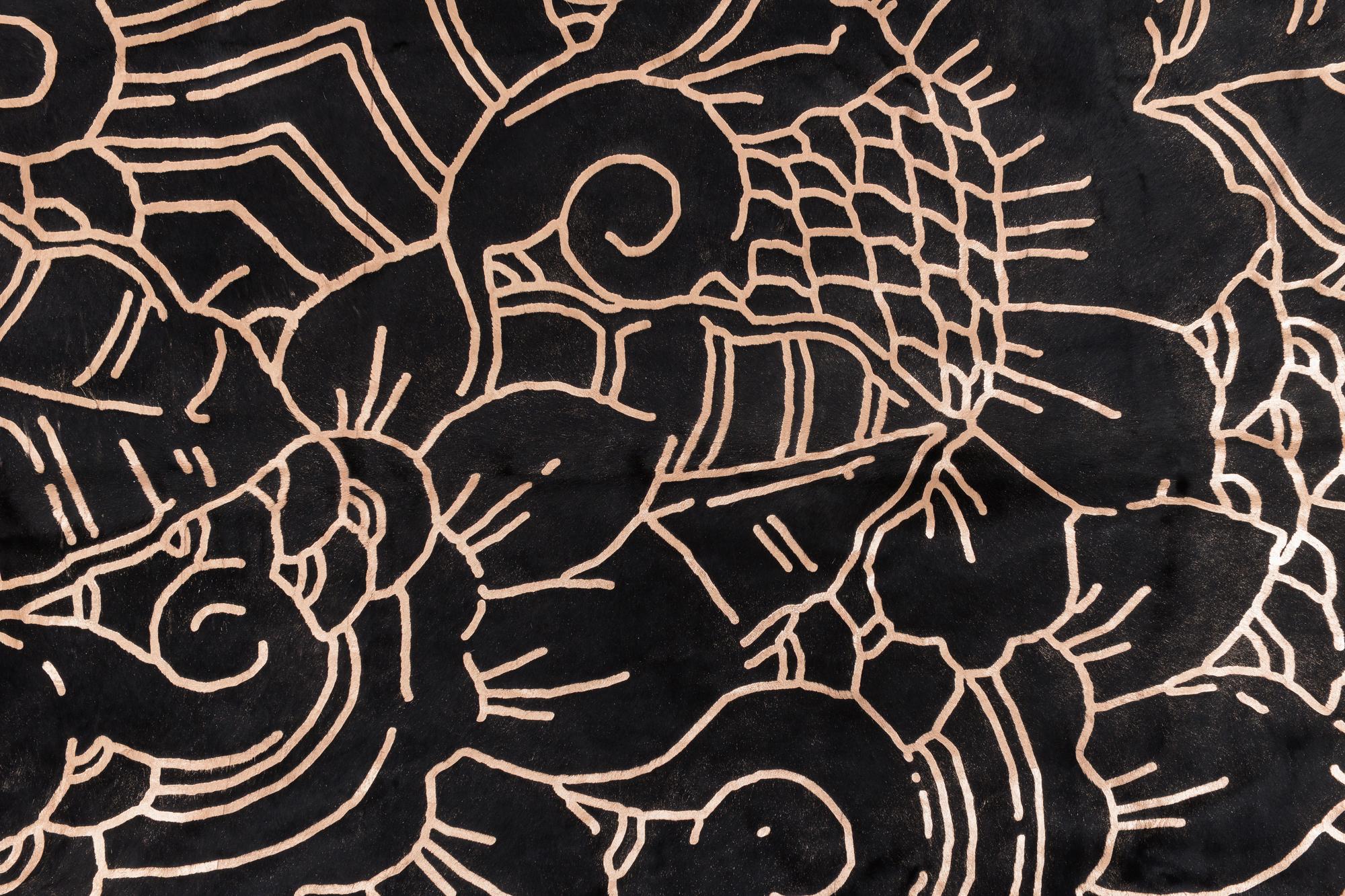 Indonesian Copper Metallic Boho Batik Pattern Black Cowhide Rug, Large For Sale