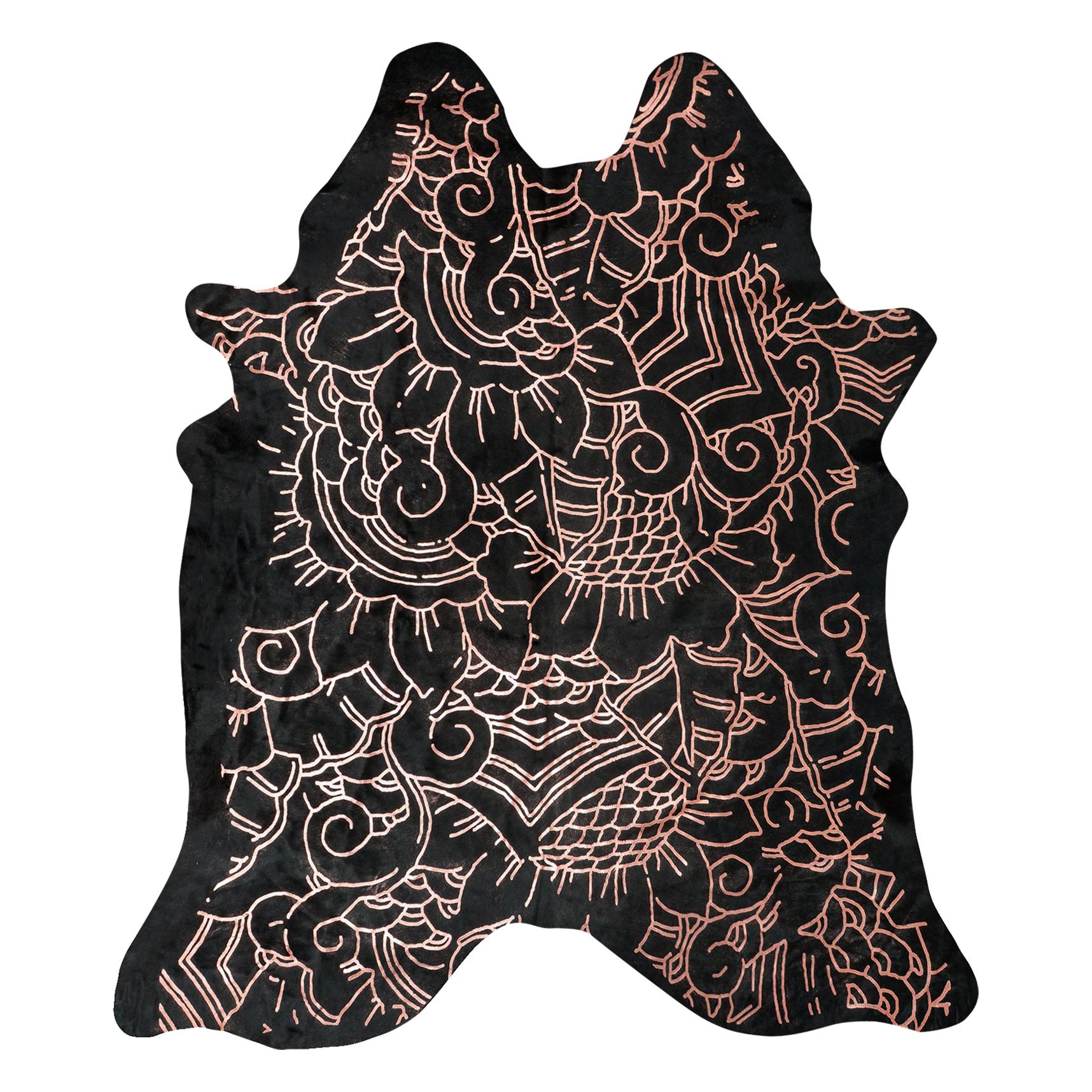 Copper Metallic Boho Batik Pattern Black Cowhide Rug, Large For Sale