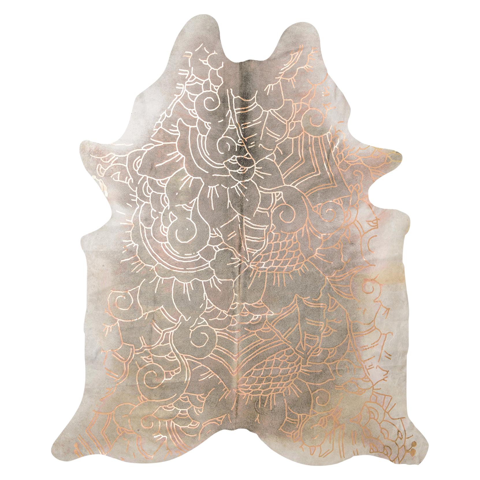 Copper Metallic Boho Batik Pattern Gray Cowhide Rug, Large For Sale