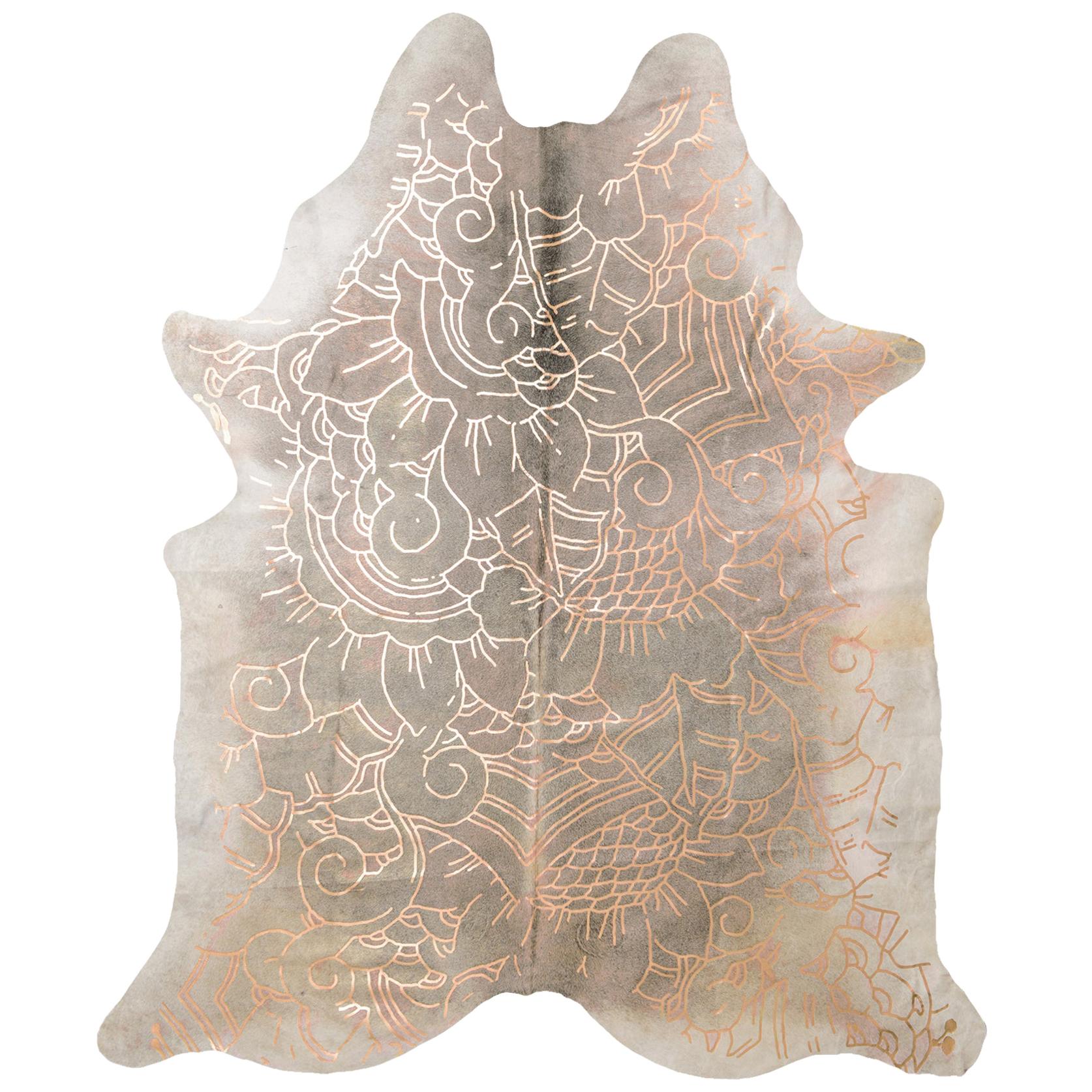 Copper Metallic Boho Batik Pattern Gray Cowhide Rug, Medium For Sale
