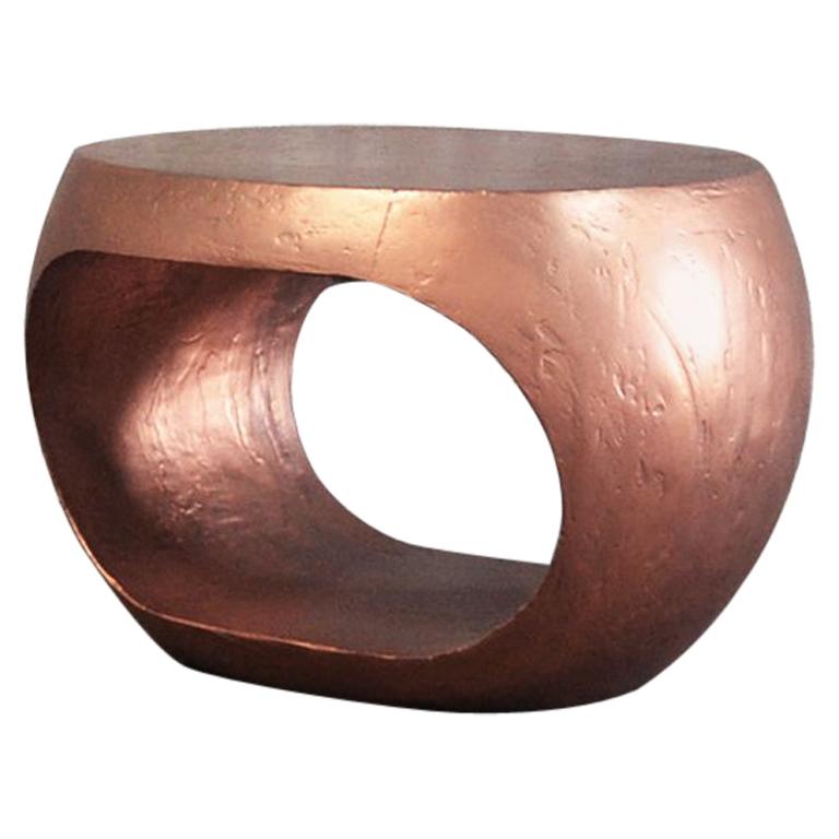 Copper Metallic Cast Resin Drum Side Table with Distressed Surface