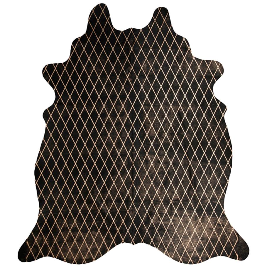 Copper Metallic Diamond Pattern Black Cowhide Rug, Large