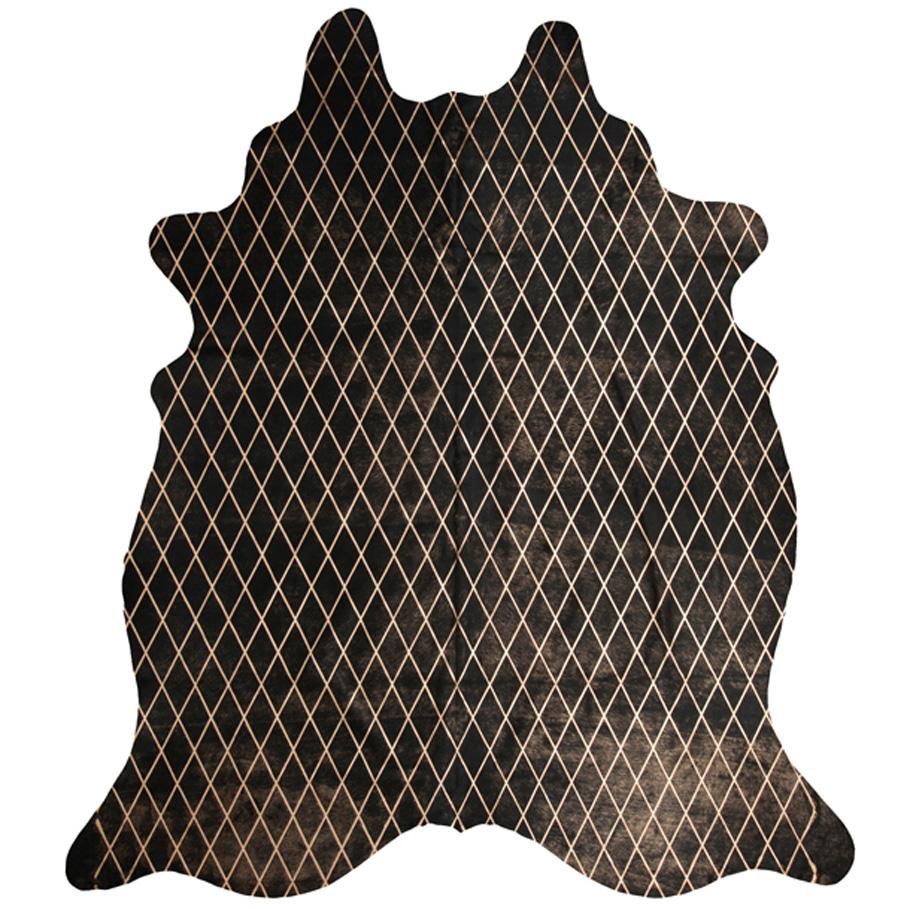 Art Deco Copper Metallic Diamond Pattern Black Cowhide Rug, Medium For Sale