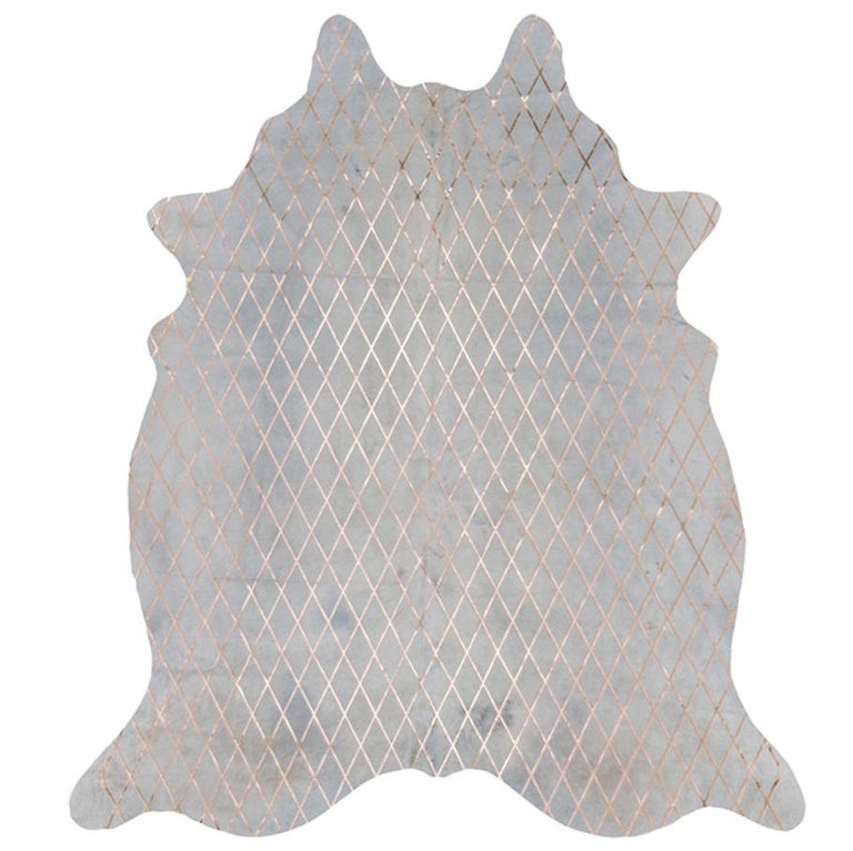Copper Metallic Diamond Pattern Cream Cowhide Rug, Large For Sale at