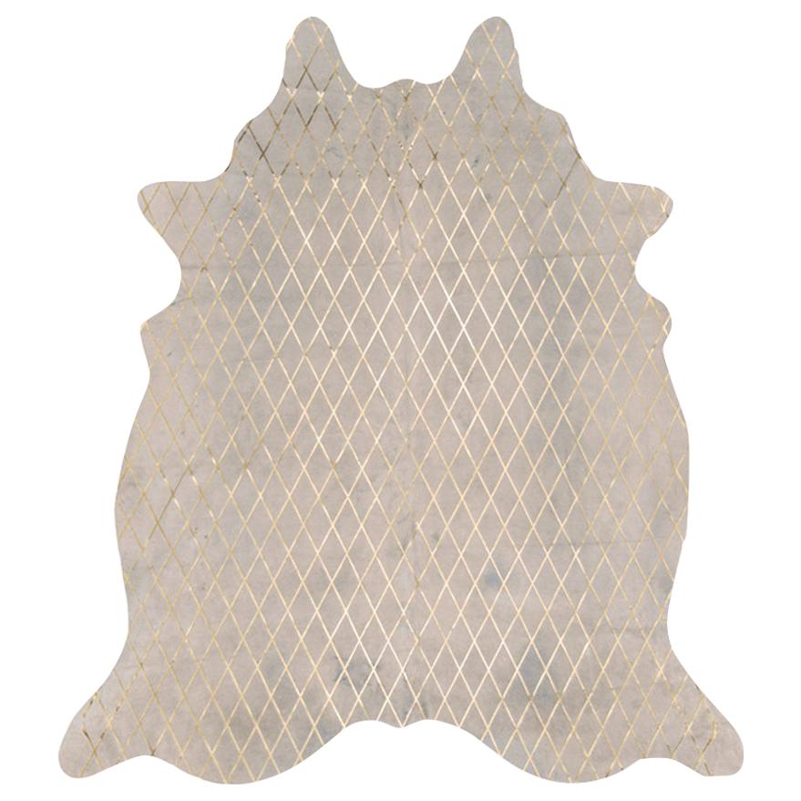 Copper Metallic Diamond Pattern Cream Cowhide Rug, Large For Sale