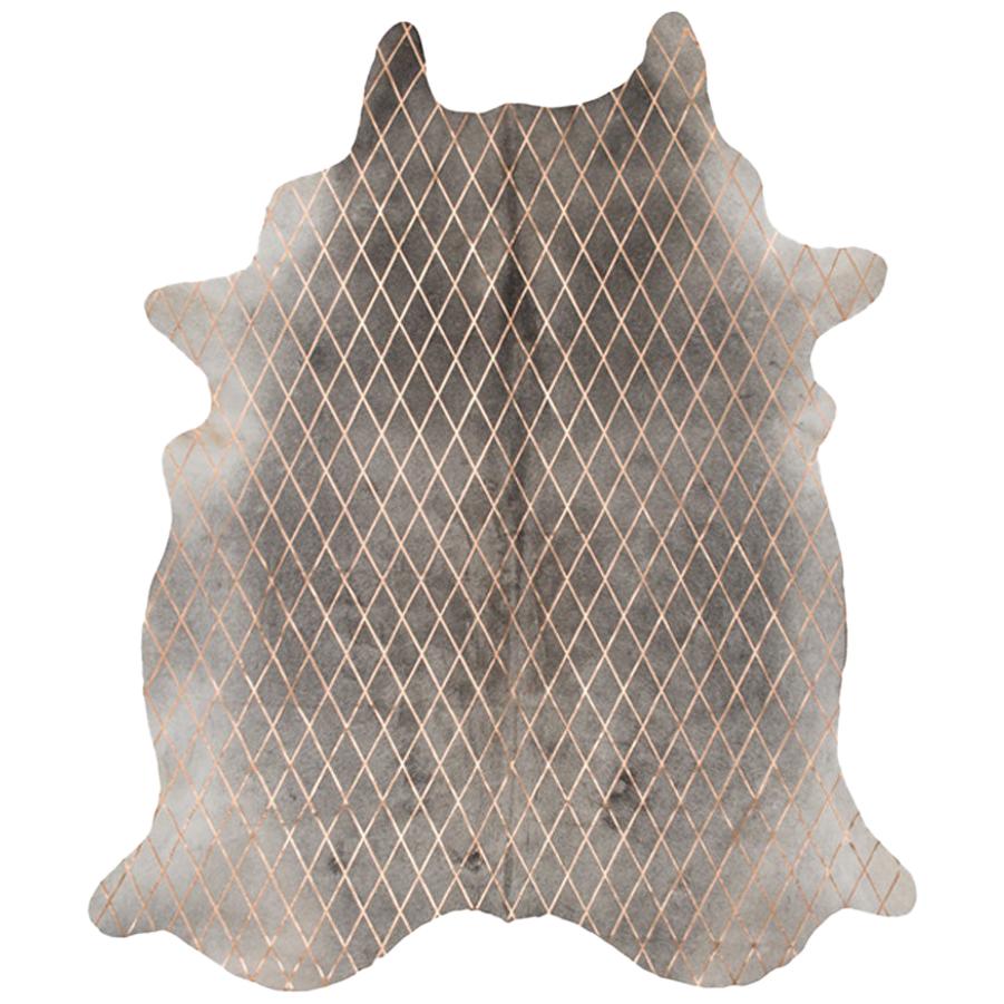 Alfombra de piel de vaca gris con diseño de diamantes metalizados, grande