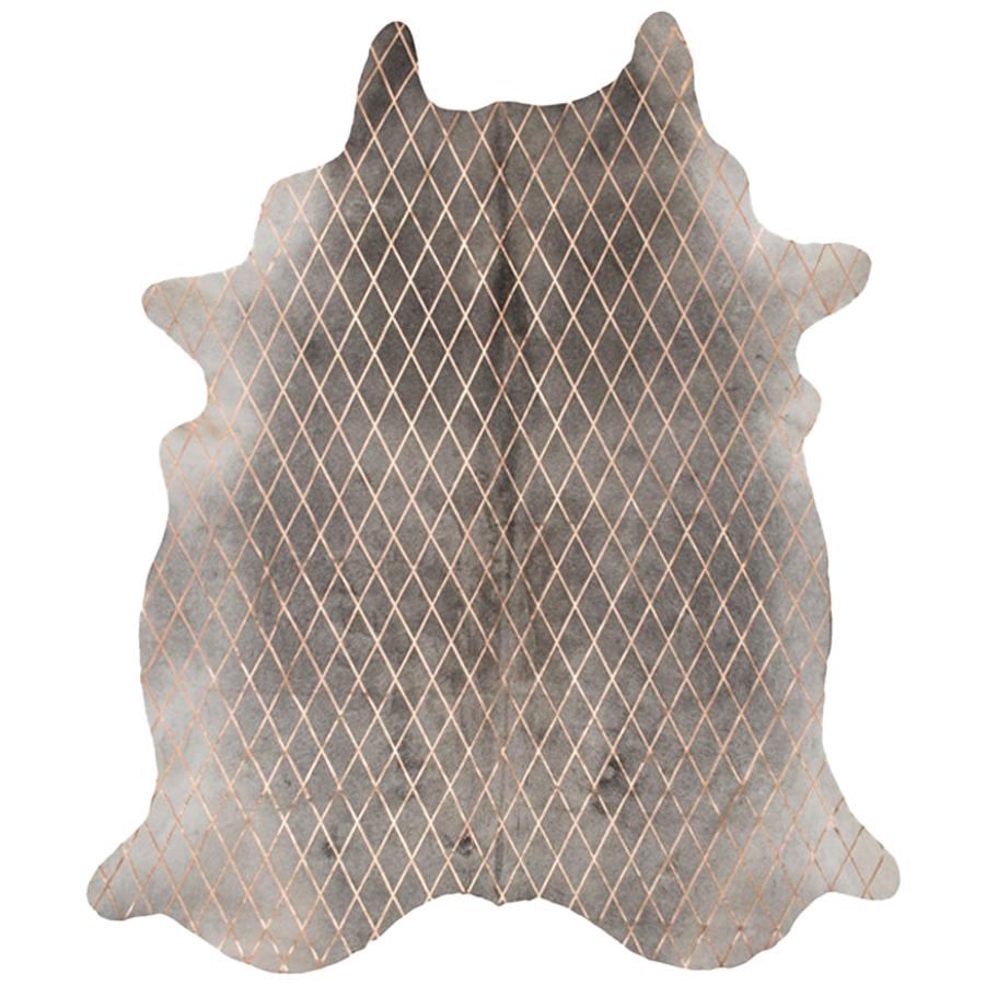 Copper Metallic Diamond Pattern Gray Cowhide Rug, Large For Sale