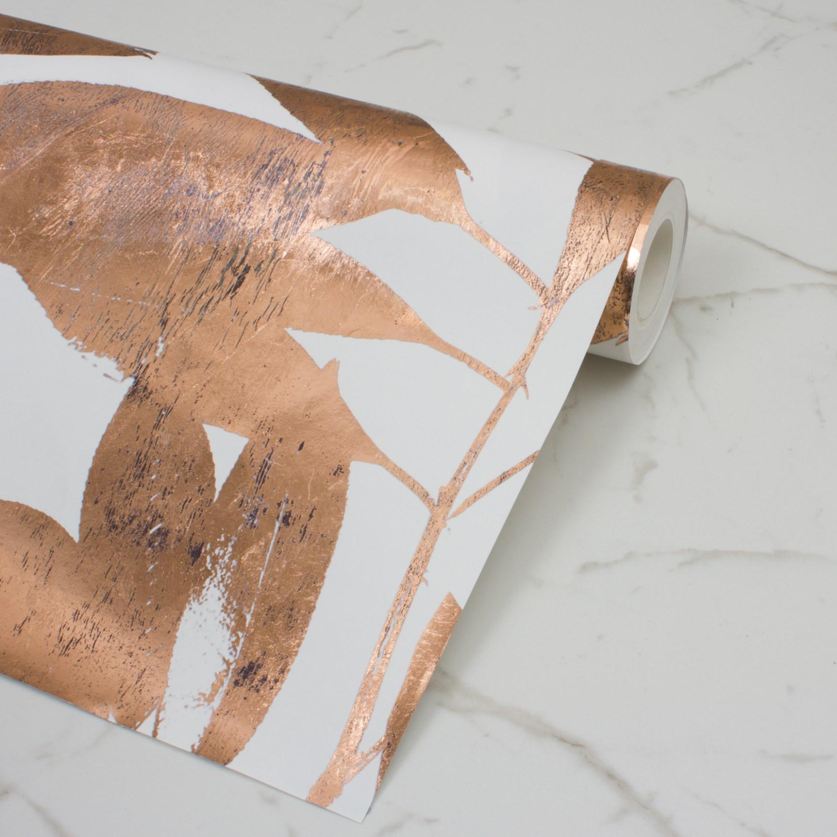 Hand-Painted Copper Metallic Hand Guilded Botanical Wallpaper, Made by Hand in Uk For Sale