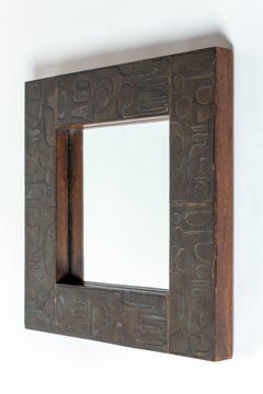 Copper Mirror with Graphic Inlay Design, Signed C. Perrat