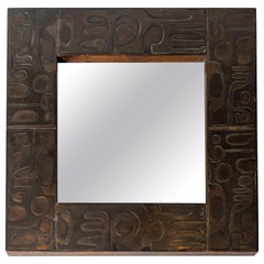 Copper Mirror with Graphic Inlay Design, Signed C. Perrat