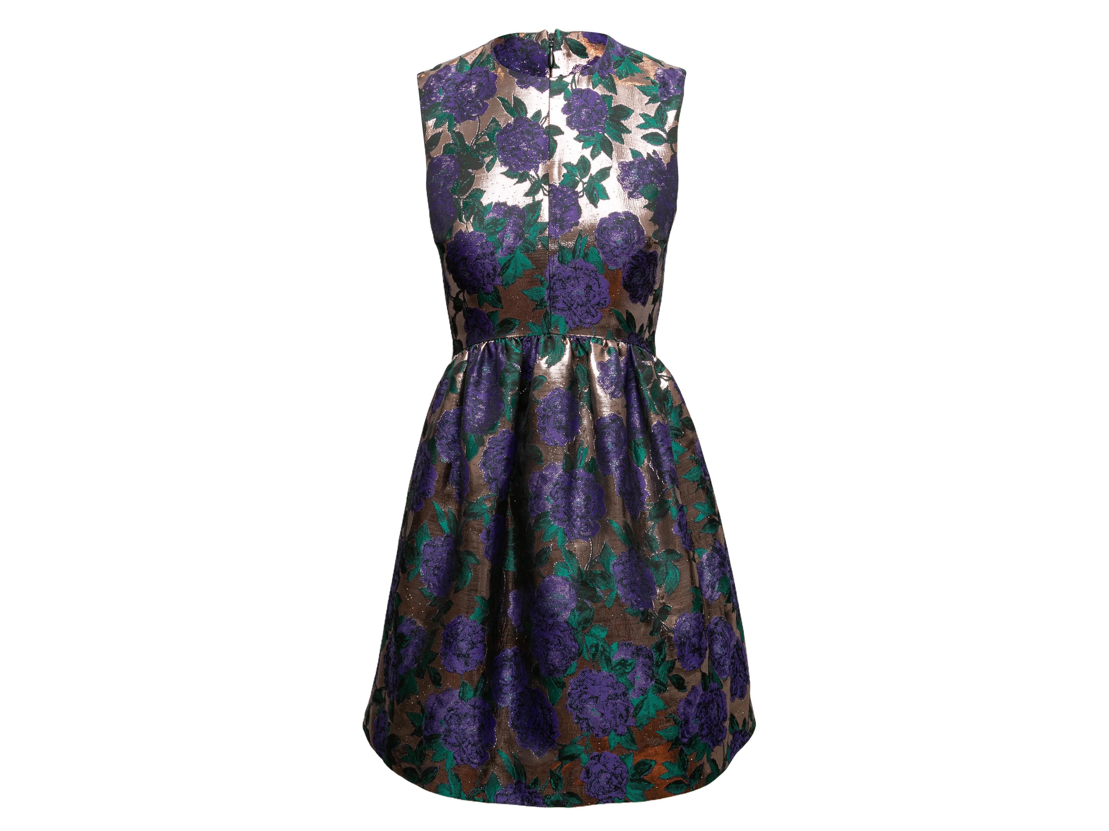 Copper and multicolor metallic floral jacquard sleeveless dress by MSGM. Back zip closure. 34