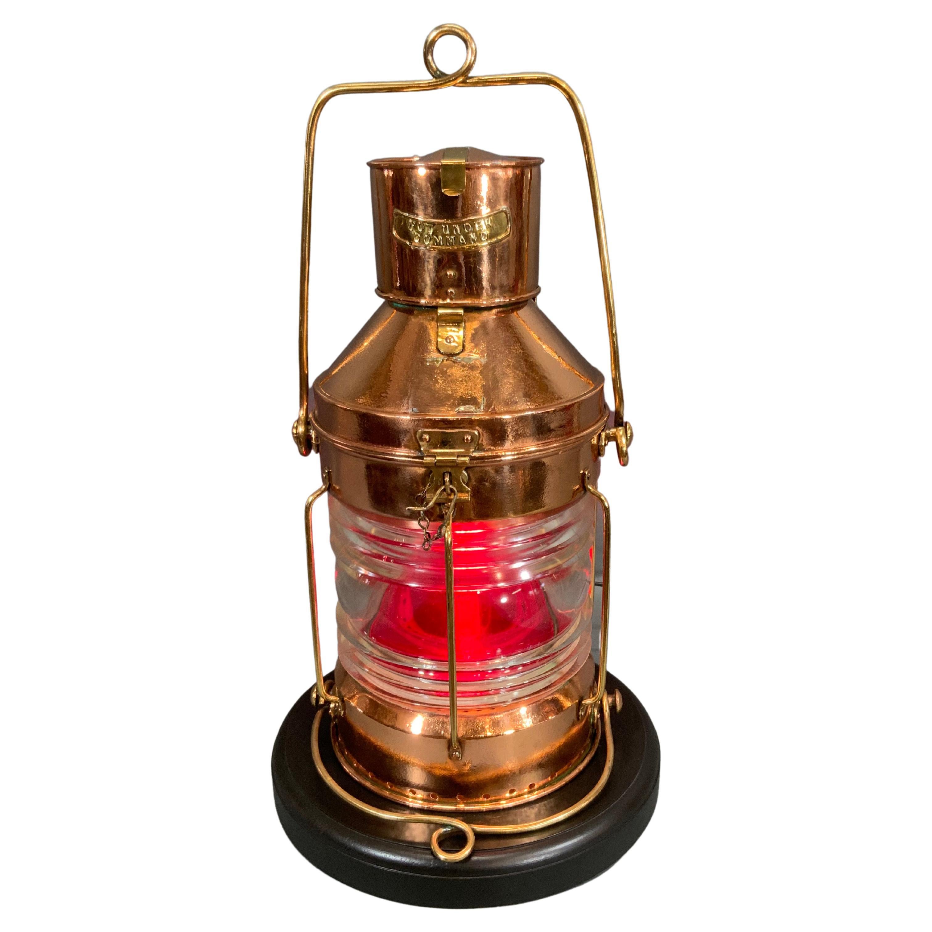 Copper "Not Under Command" Ship's Lantern with Glass Fresnel Lens by Meteorite For Sale
