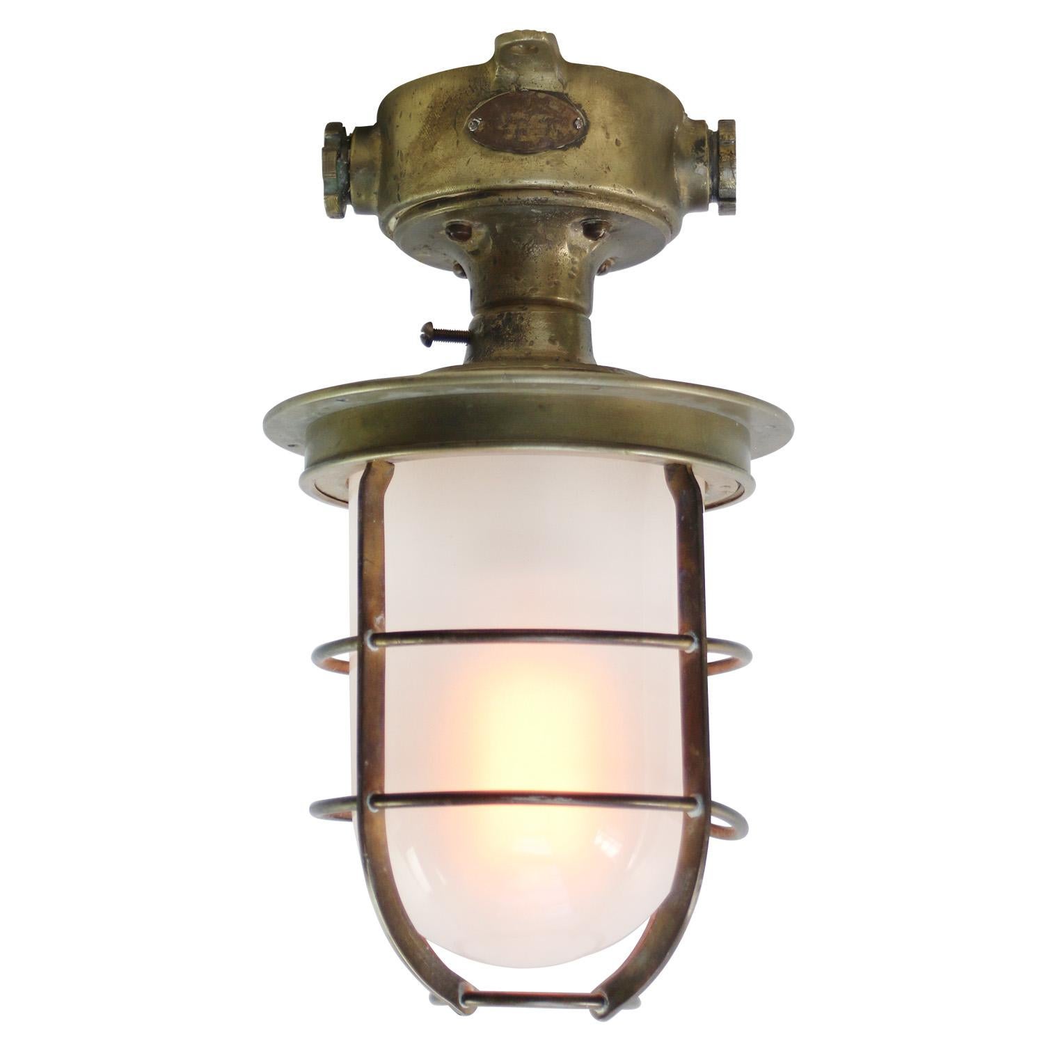 French brass machinist ship flush mount, ceiling light
Opaline glass

Diameter base: 10.5 cm / 4”

Weight: 4.40 kg / 9.7 lb

Priced per individual item. All lamps have been made suitable by international standards for incandescent light bulbs,
