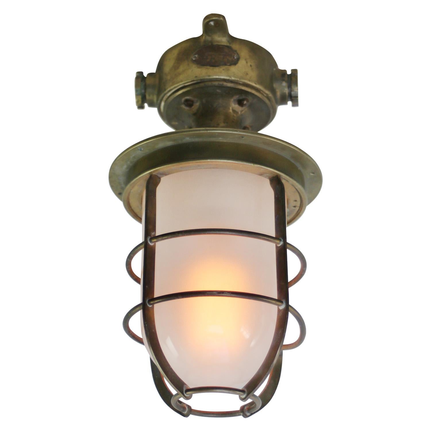 French Copper Opaline Glass Vintage Industrial Nautical Ceiling Light Flush Mount