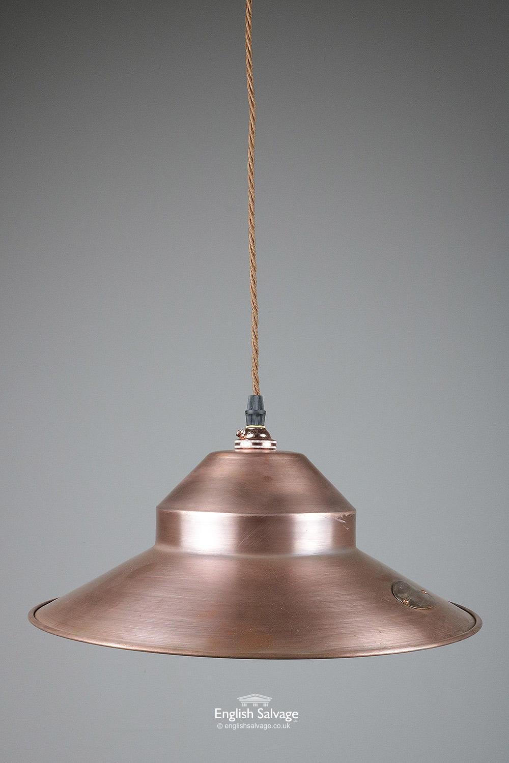 Attractive reclaimed steel-plated lampshades, these are available in three different finishes: copper-plated, bronze-plated or unfinished steel. Overall dimensions are shown below and the opening at the top is 2.7cm. We have 1 copper and 1 bronze