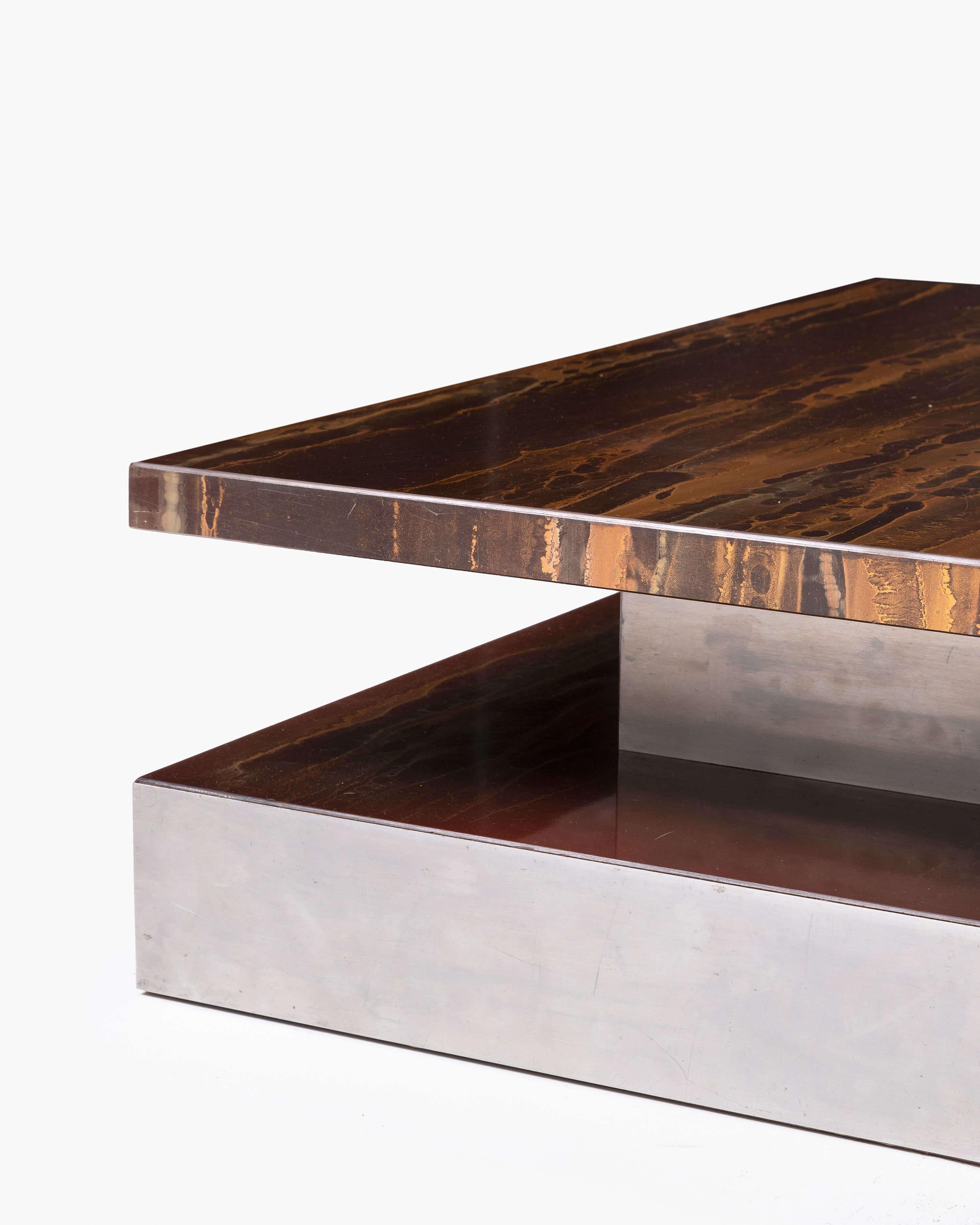 Copper Patinated Coffee Table with Stainless by Guy Lefevre for Lignet Roset In Good Condition For Sale In Beverly Hills, CA