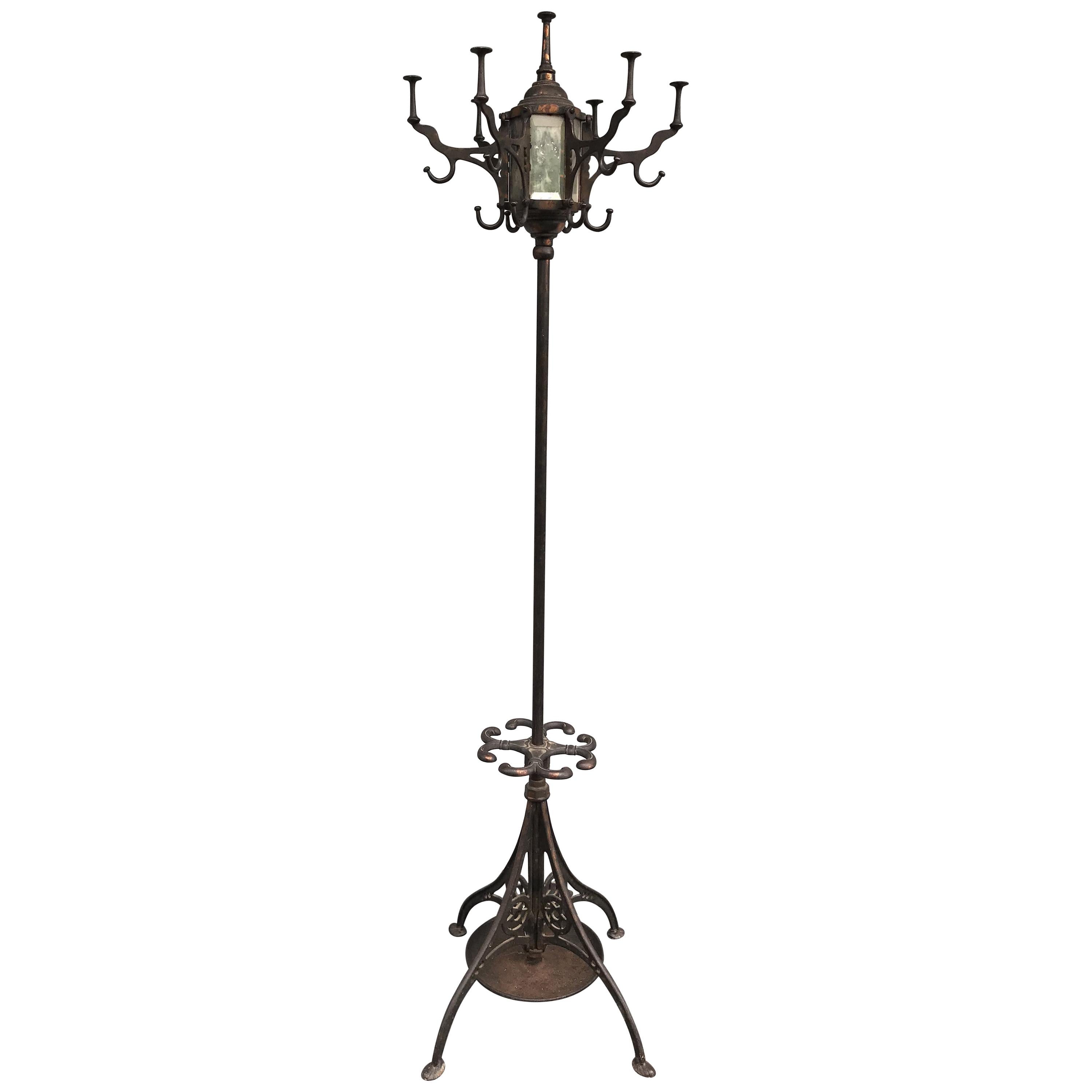 Copper Patinated Metal Coat Tree or Hat Rack with Beveled Panels, circa 1900