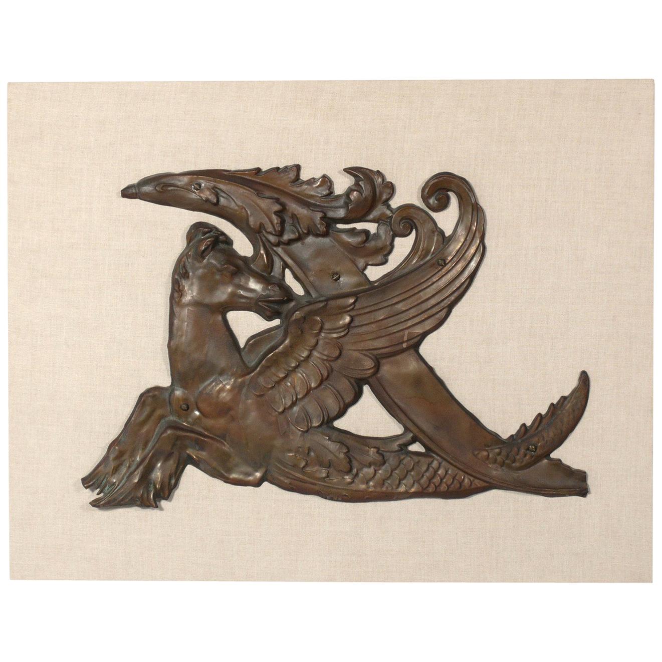 Copper Pegasus Architectural Fragment on Linen Wall Mount