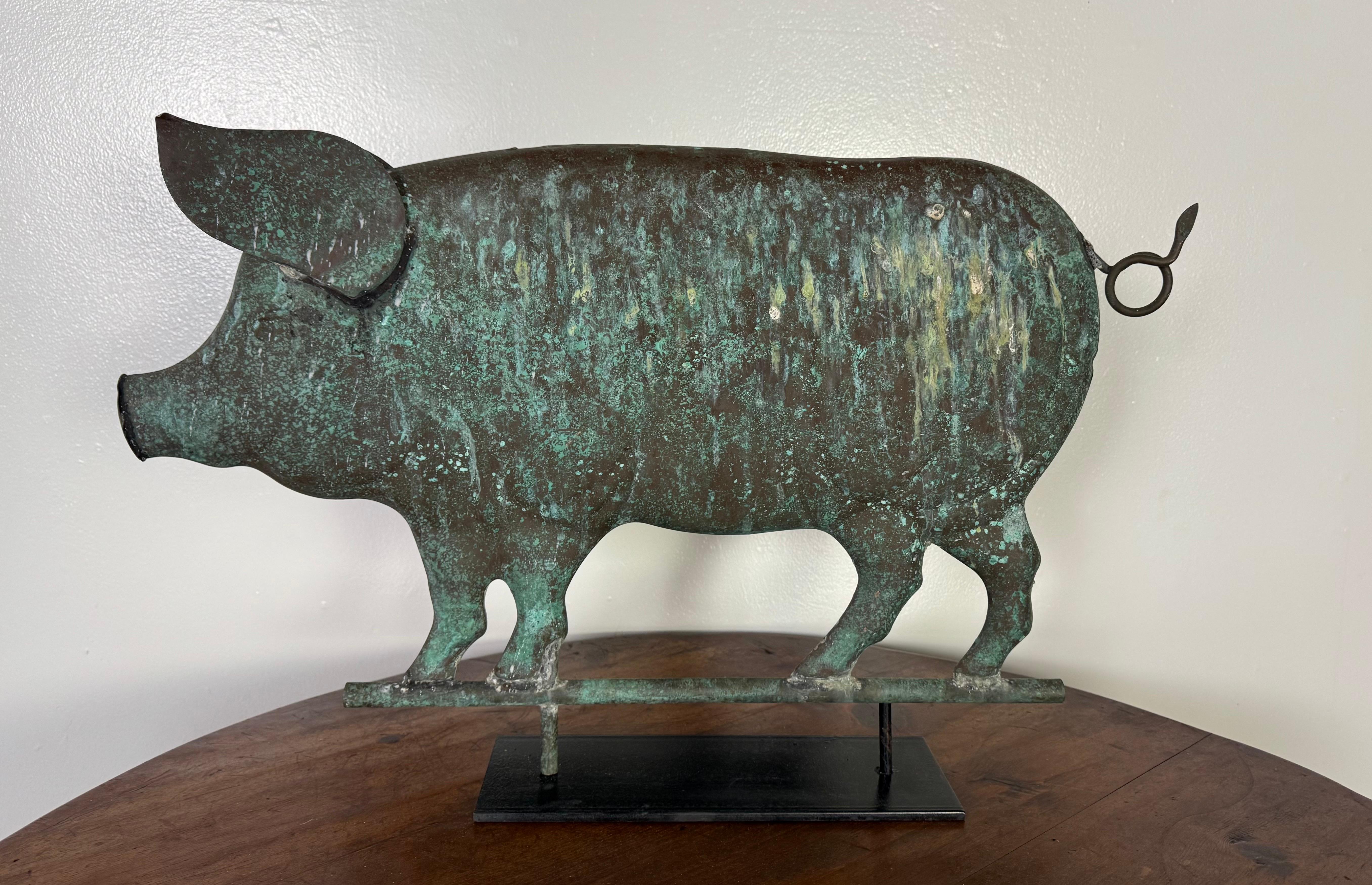 Copper Pig Weathervane Mounted on Metal Base C. 1950 4