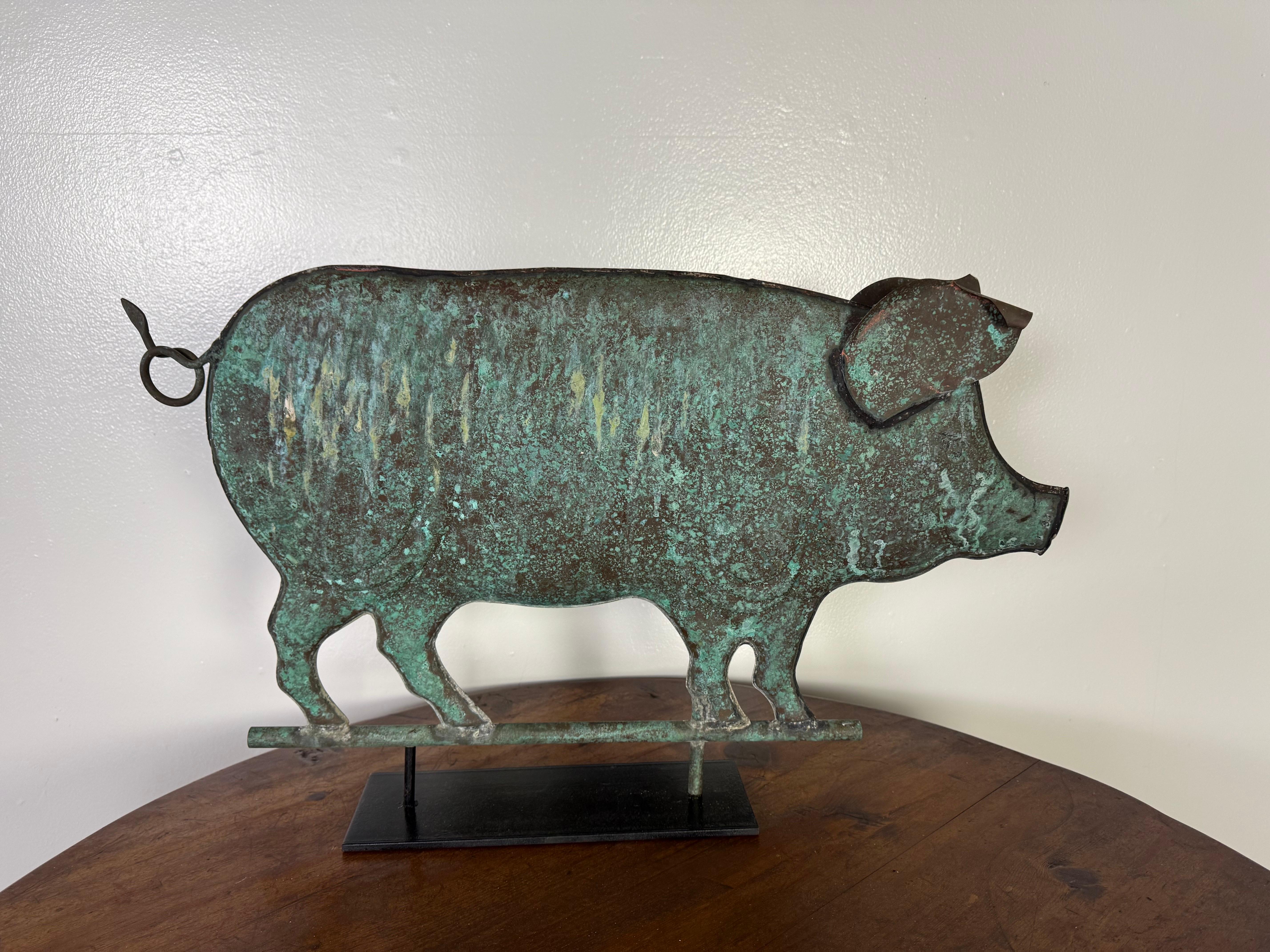 Copper Pig Weathervane Mounted on Metal Base C. 1950 6