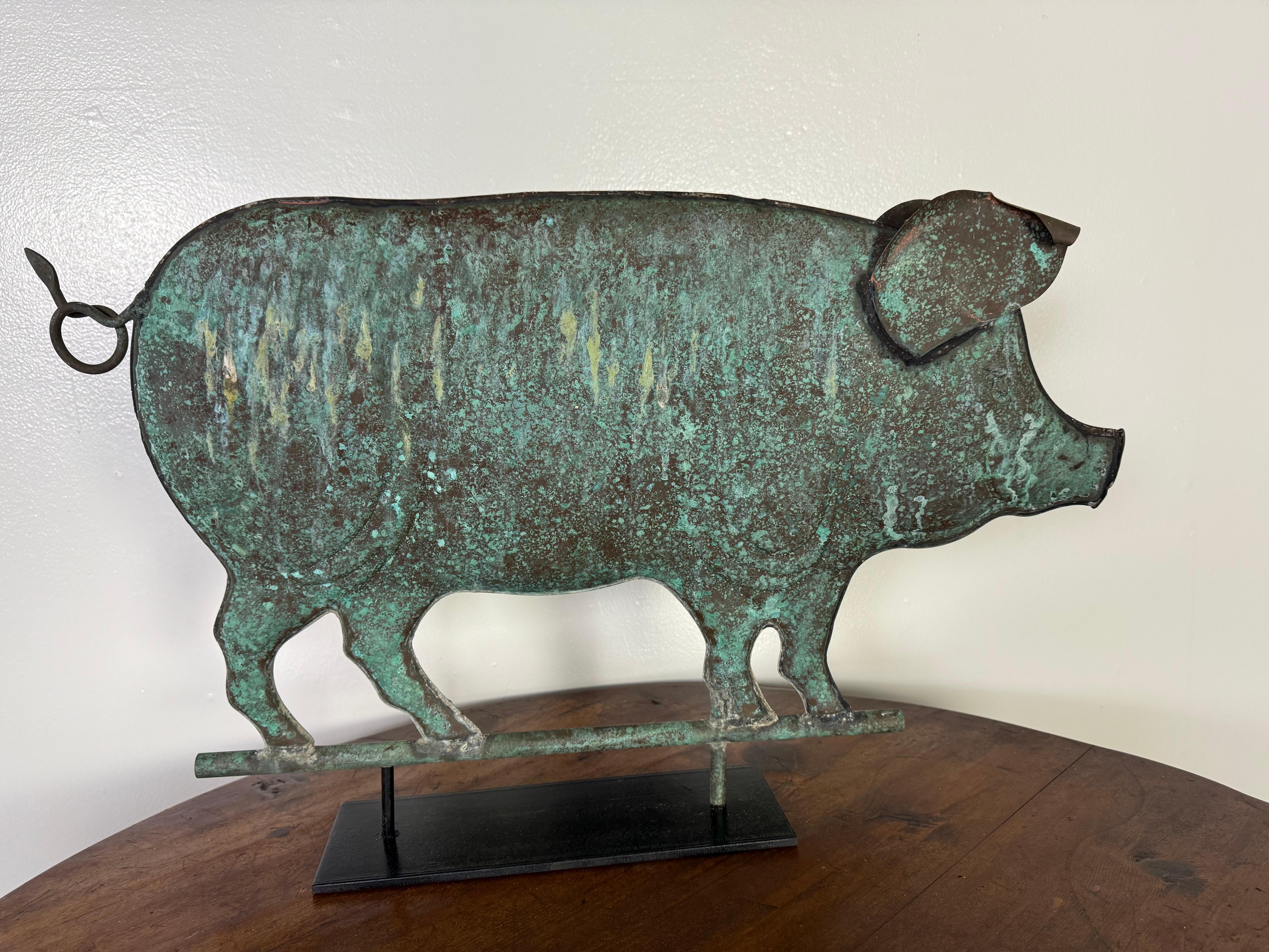Copper Pig Weathervane Mounted on Metal Base C. 1950 7