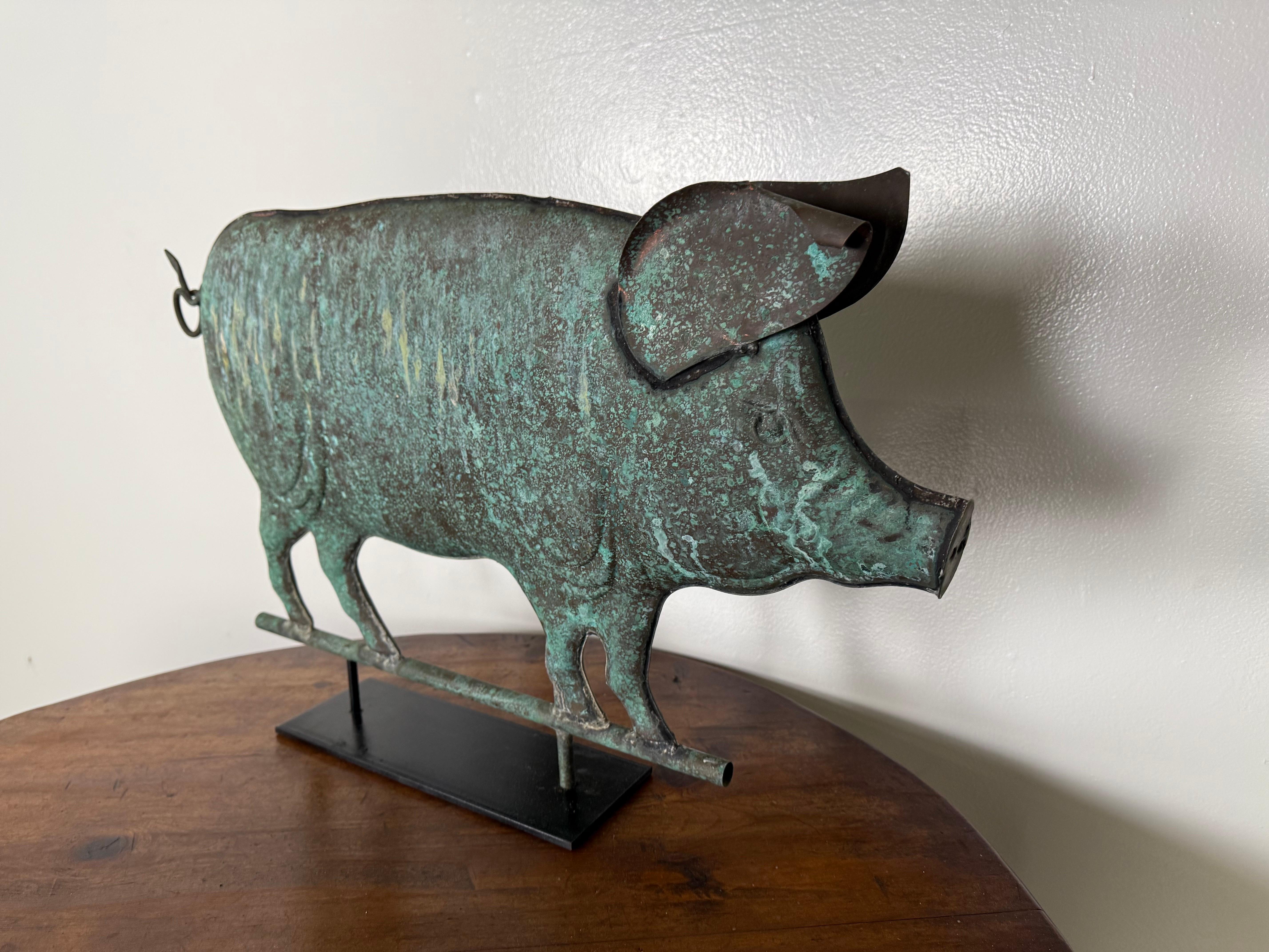 Copper Pig Weathervane Mounted on Metal Base C. 1950 8