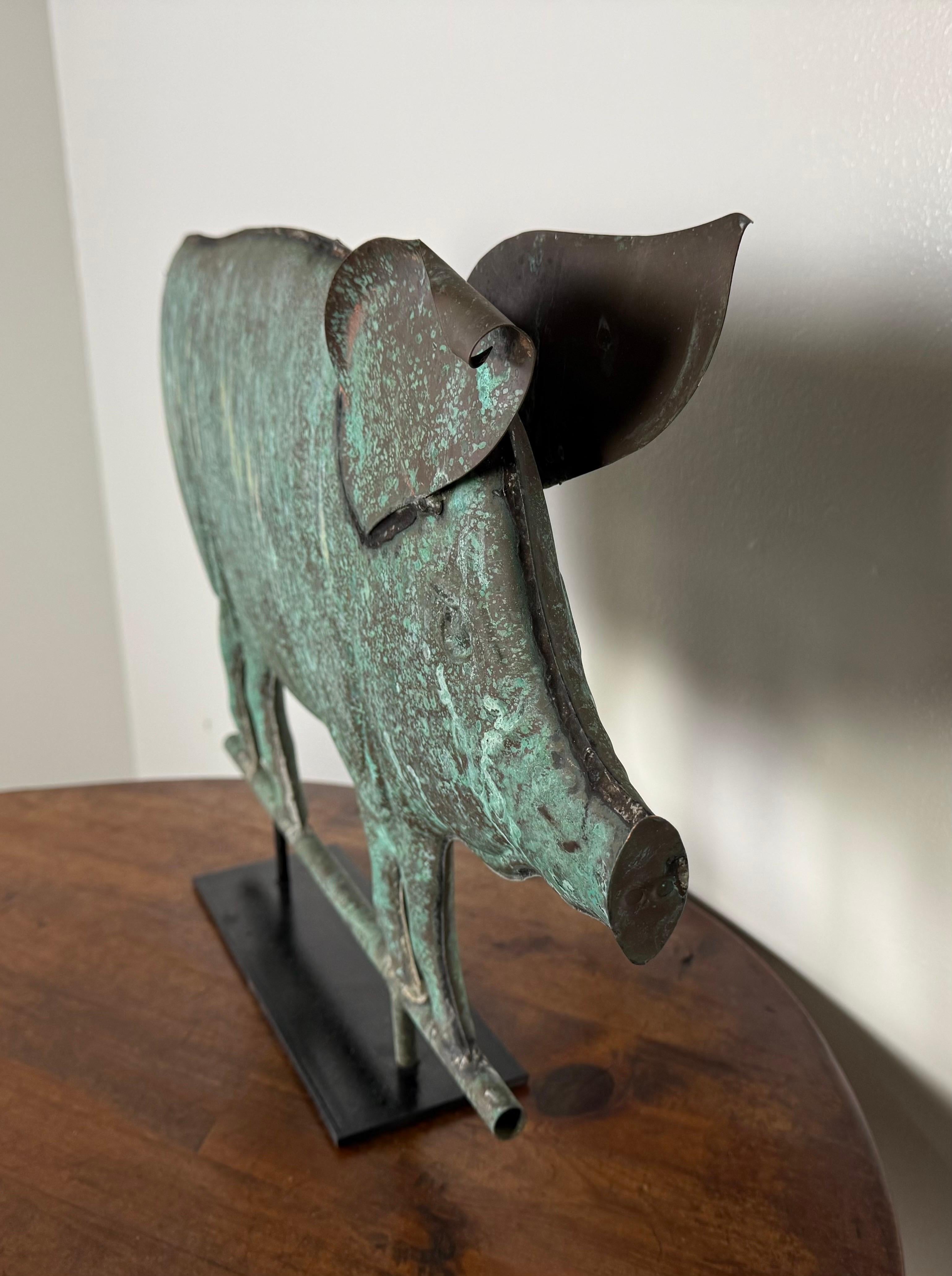 Copper Pig Weathervane Mounted on Metal Base C. 1950 10