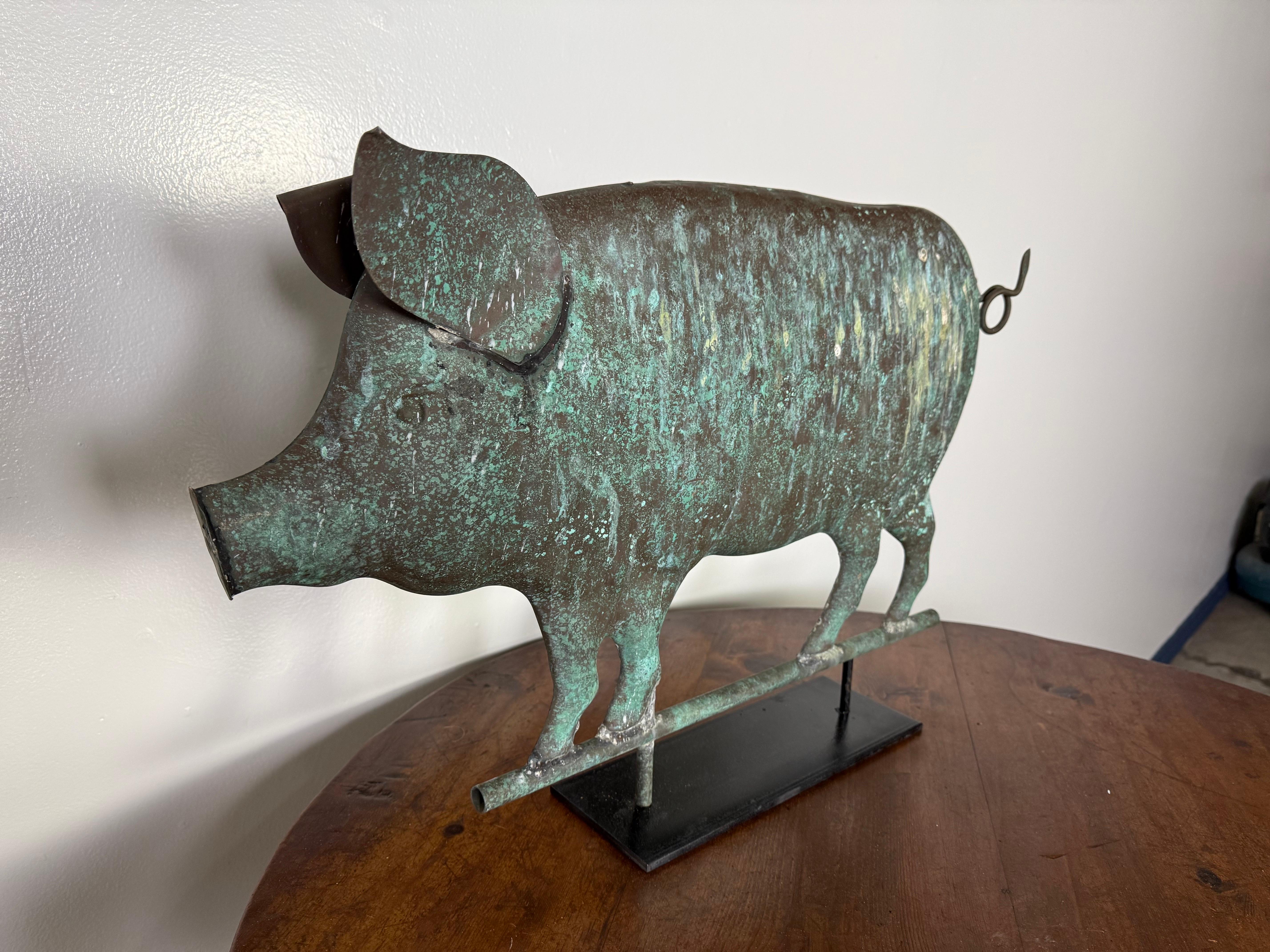Folk Art Copper Pig Weathervane Mounted on Metal Base C. 1950
