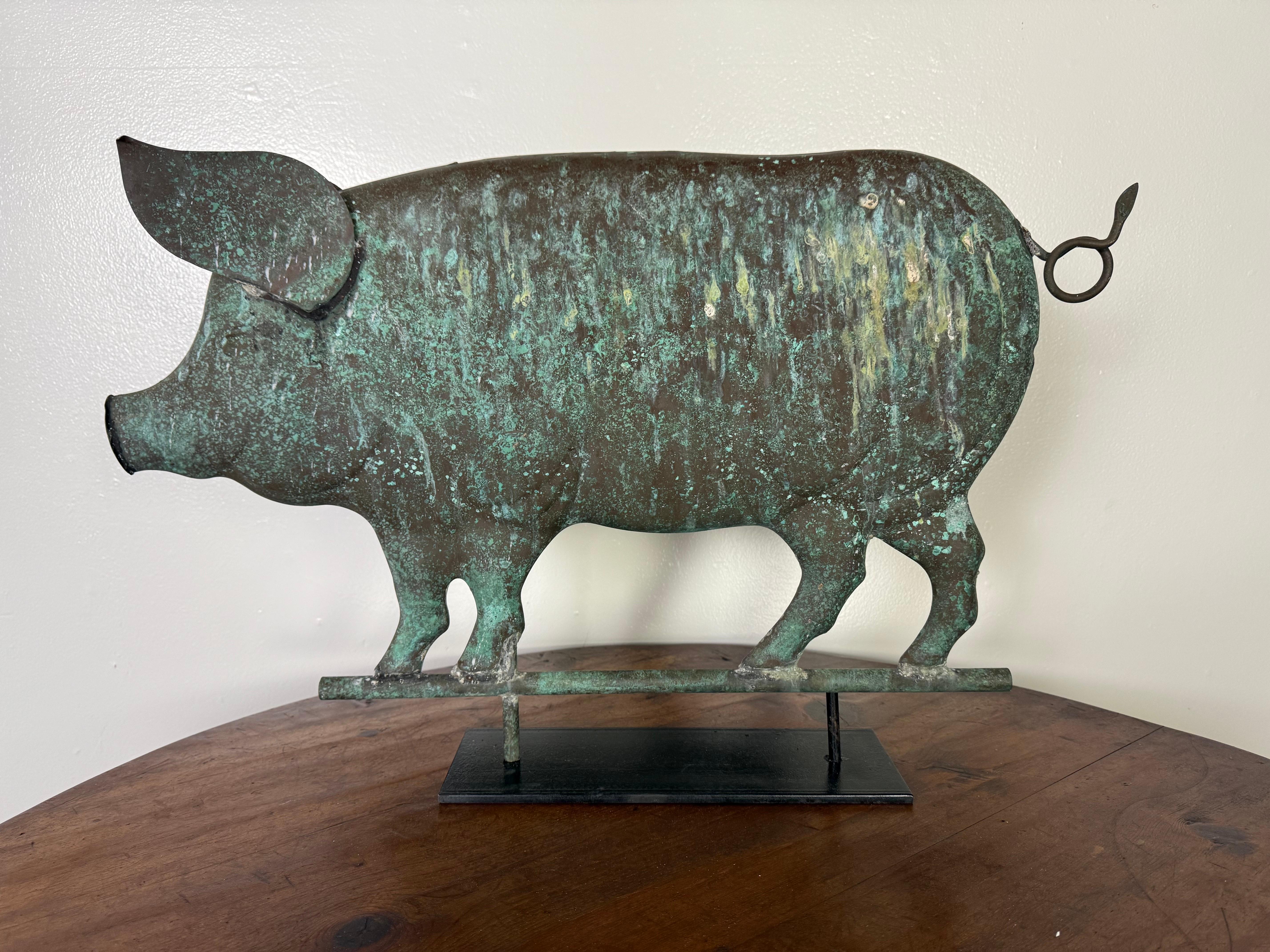 American Copper Pig Weathervane Mounted on Metal Base C. 1950
