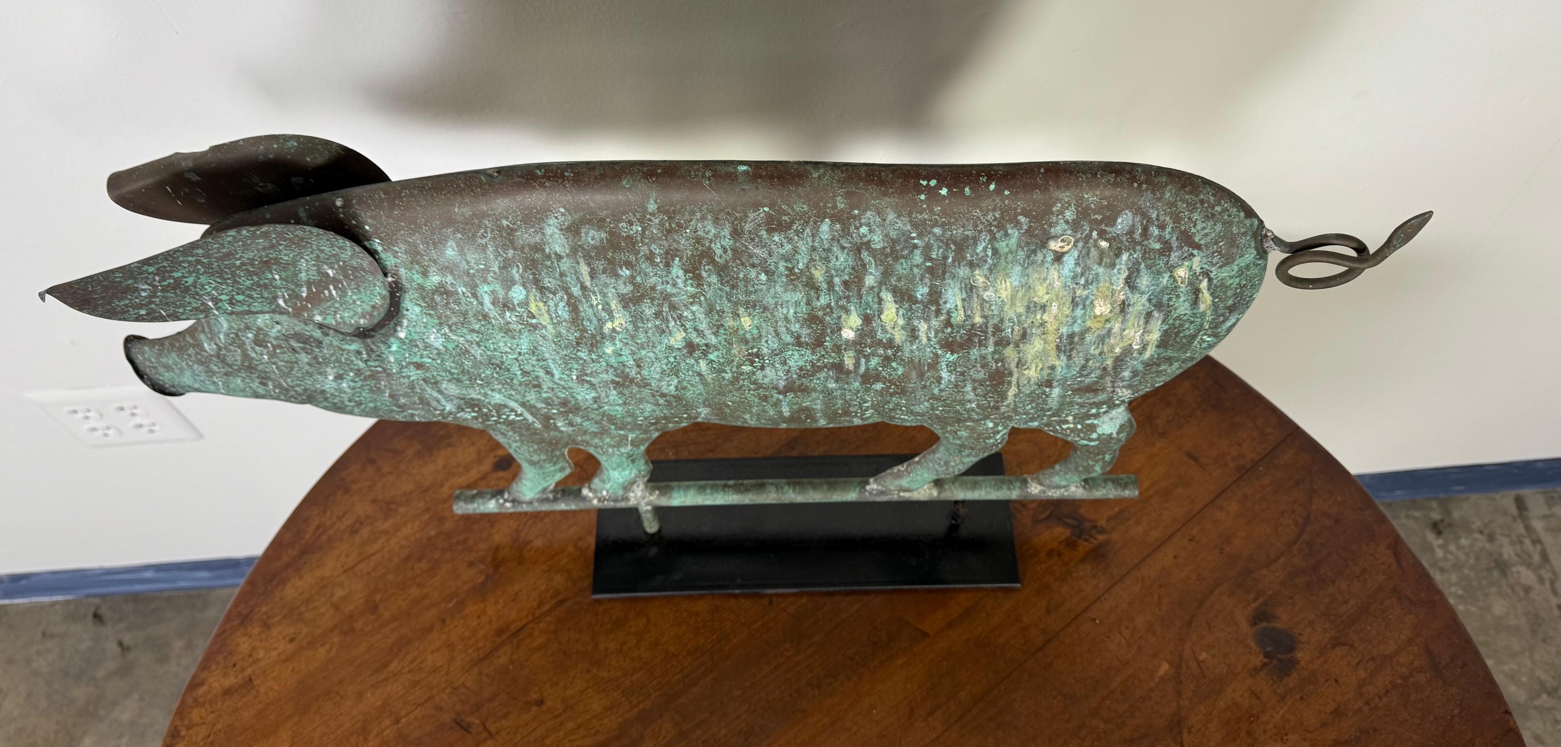 Copper Pig Weathervane Mounted on Metal Base C. 1950 In Distressed Condition In Los Angeles, CA