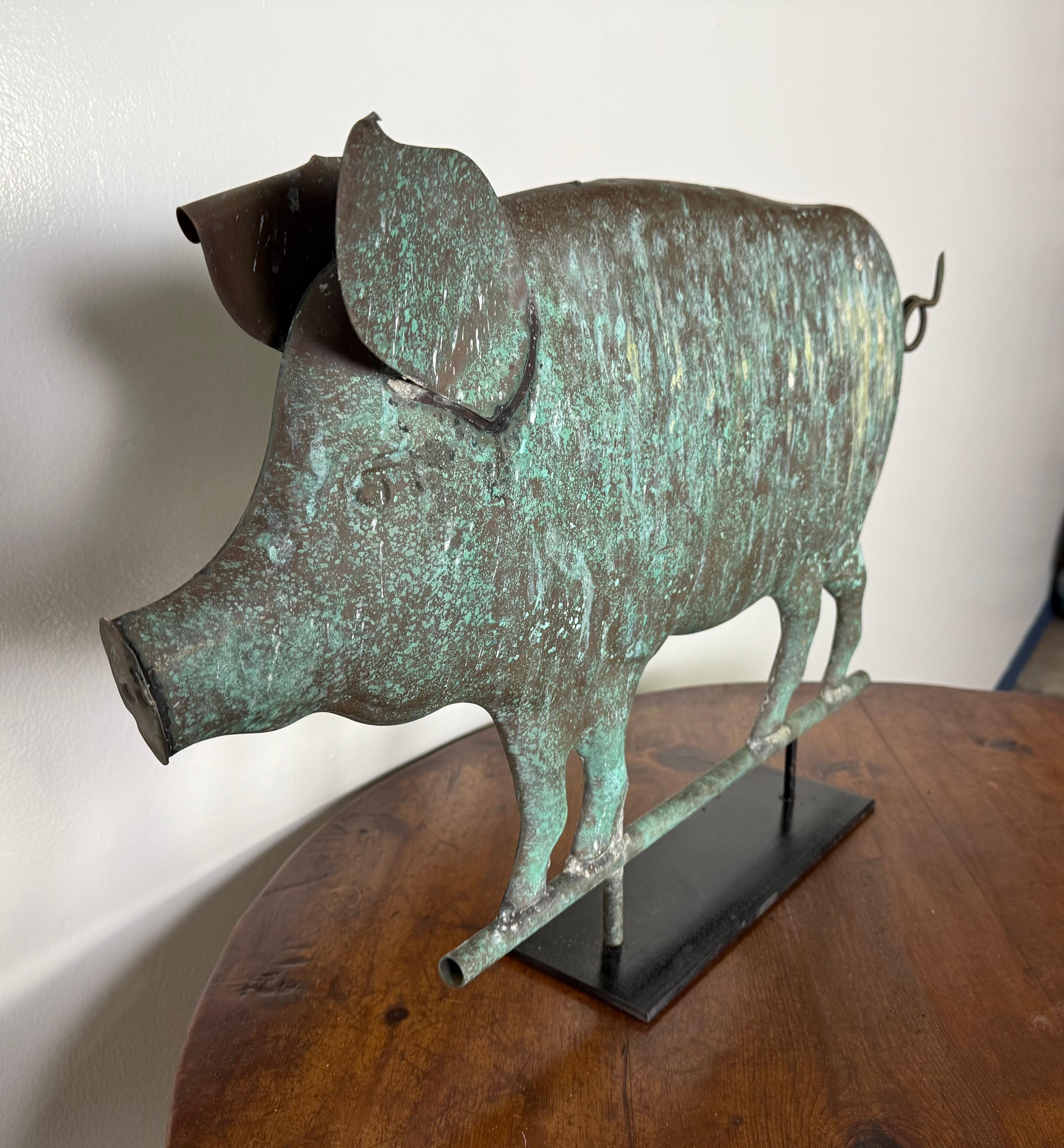 Mid-20th Century Copper Pig Weathervane Mounted on Metal Base C. 1950