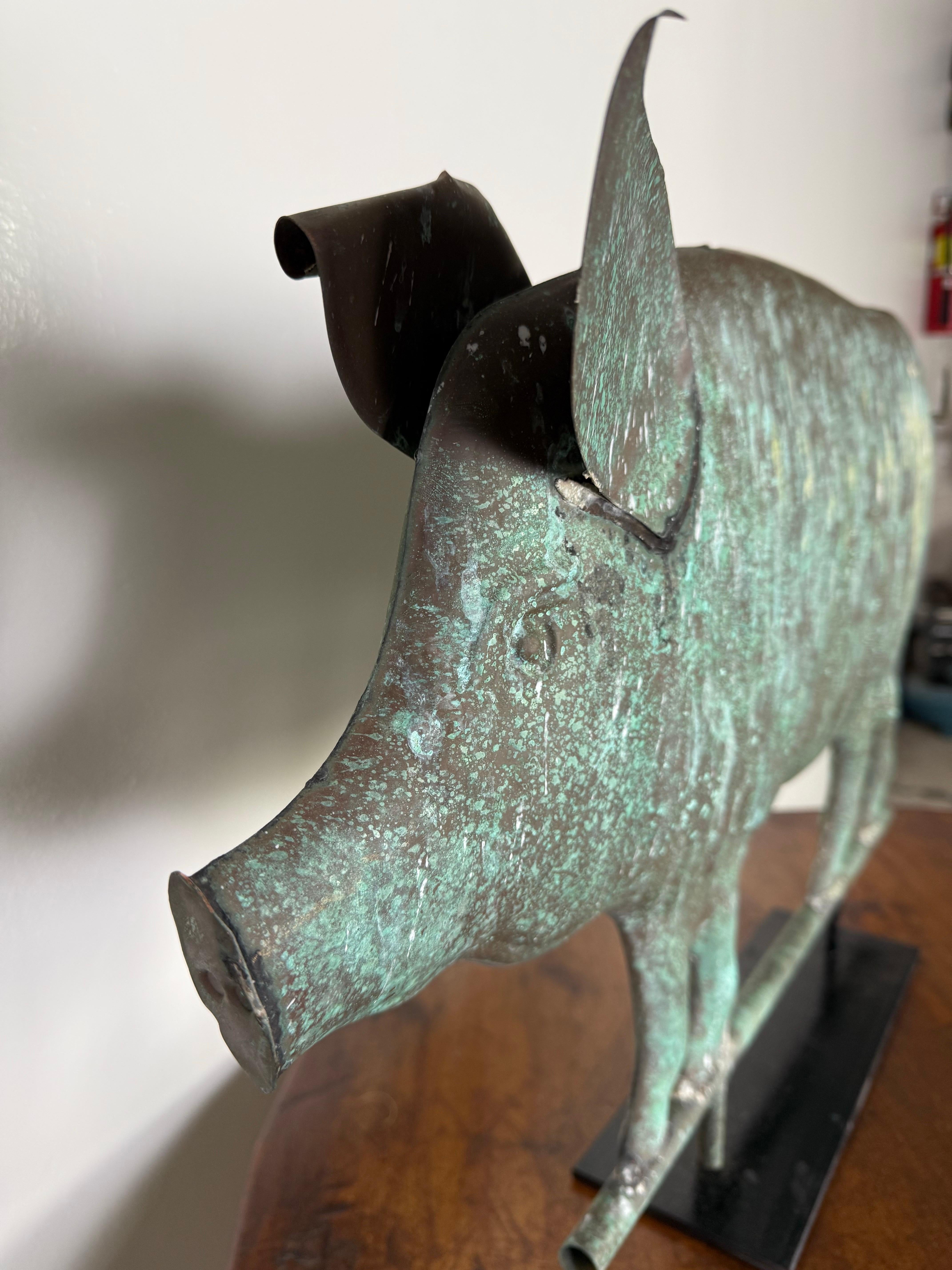 Copper Pig Weathervane Mounted on Metal Base C. 1950 1