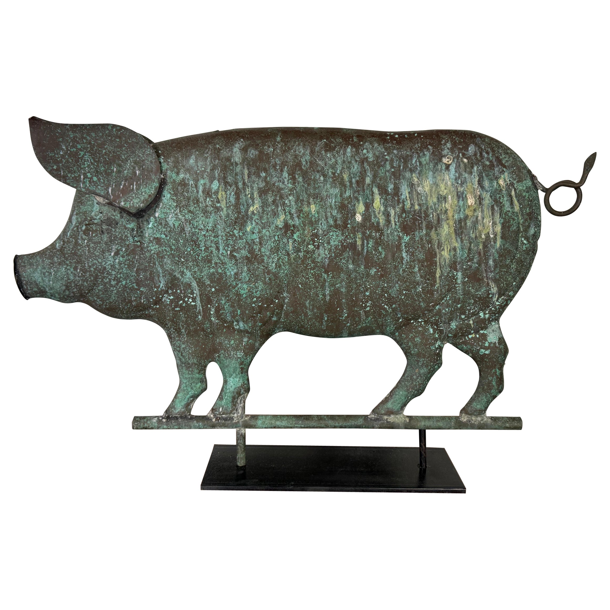 Copper Pig Weathervane Mounted on Metal Base C. 1950